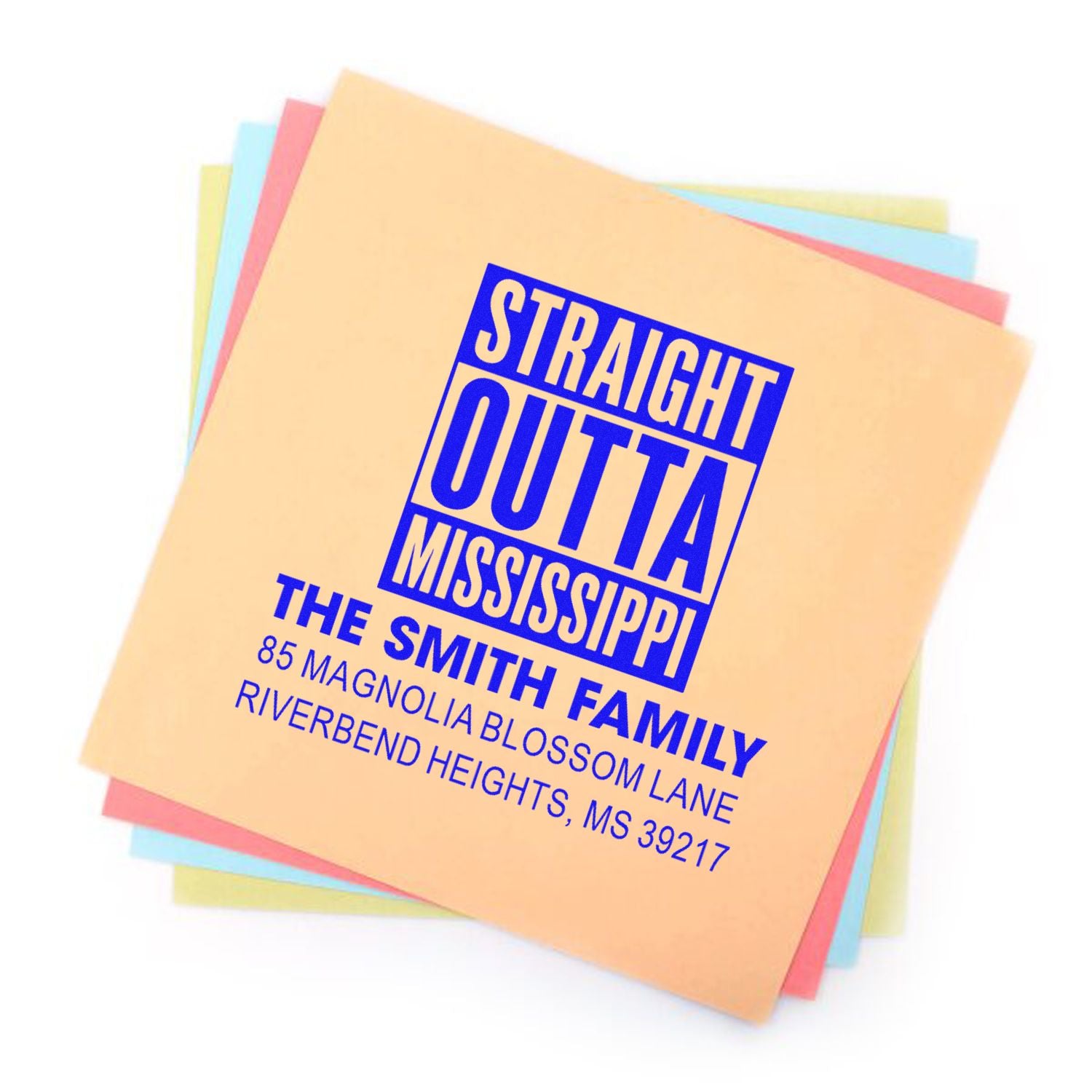 Personalized Straight Outta Mississippi address rubber stamp for The Smith Family, custom return address stamp design.