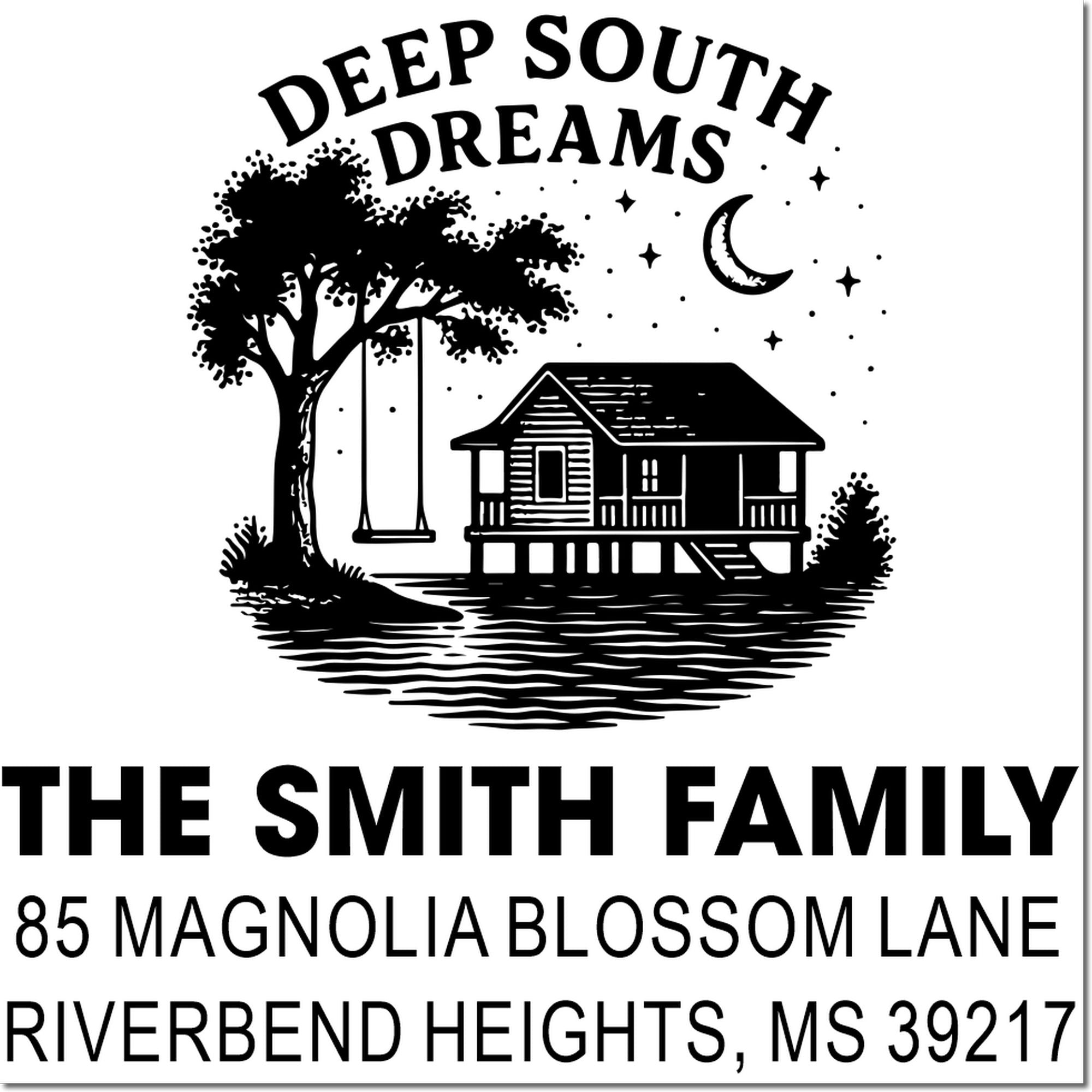 Custom return address rubber stamp for The Smith Family, 85 Magnolia Blossom Lane, Riverbend Heights, MS 39217, Deep South Dreams.