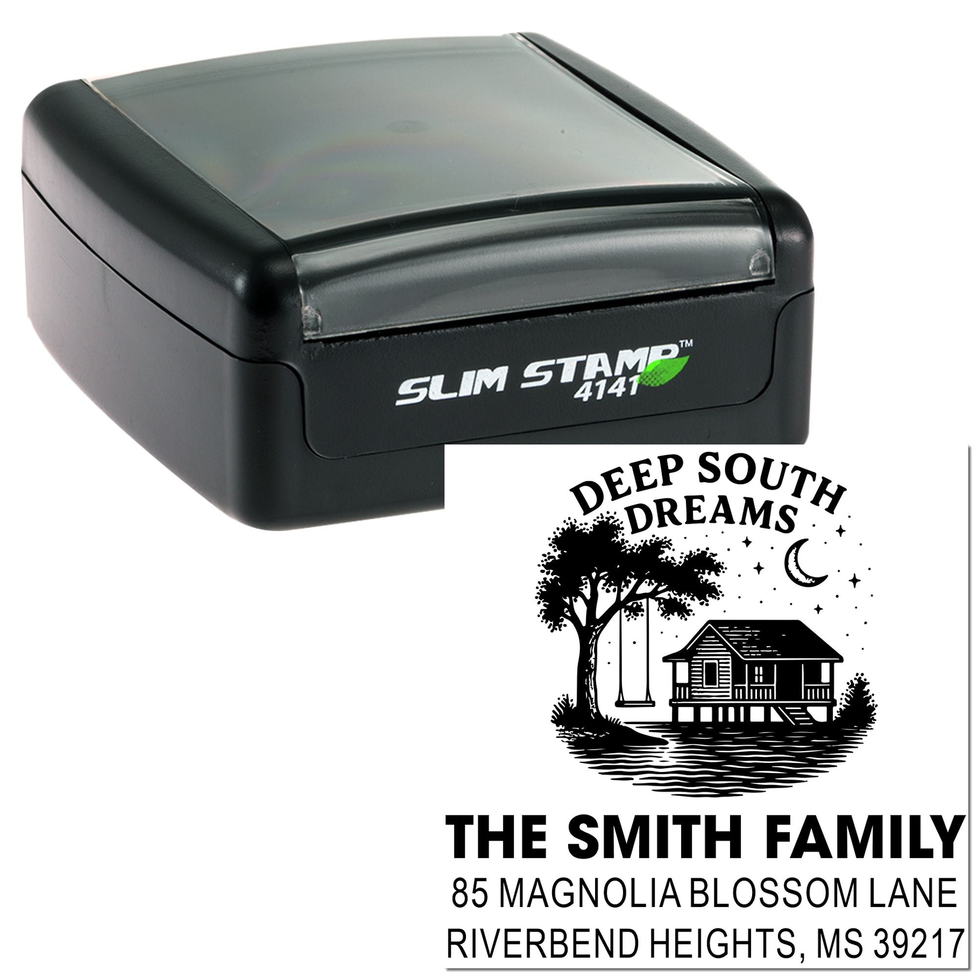 Custom self-inking rubber stamp with Deep South Dreams address design for The Smith Family and Riverbend Heights, MS
