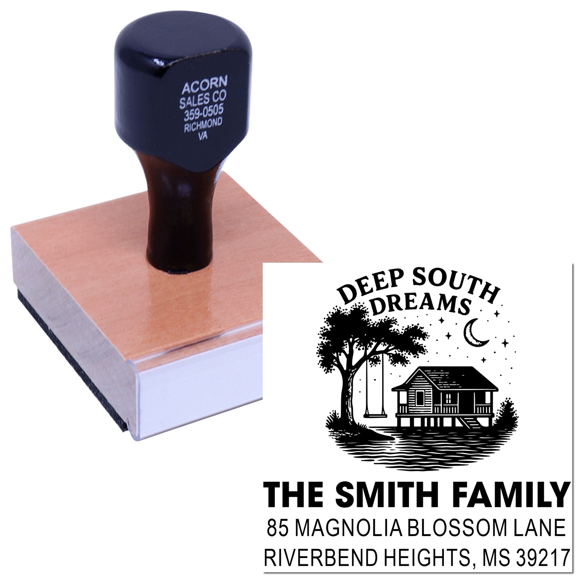 Personalized return address rubber stamp with custom family name and Southern cottage logo.