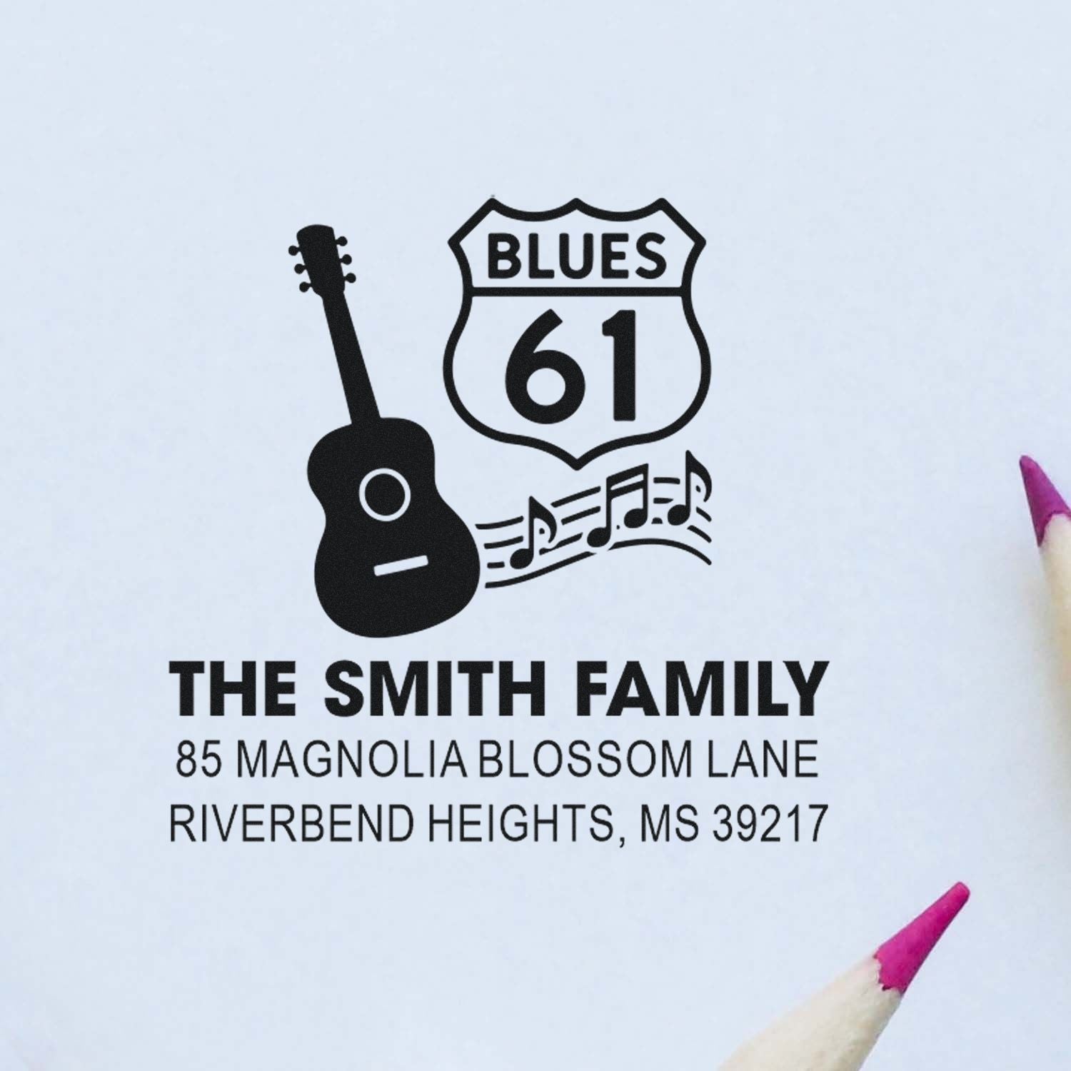 Custom family address rubber stamp with blues guitar and Route 61 design for The Smith Family, Riverbend Heights, MS.