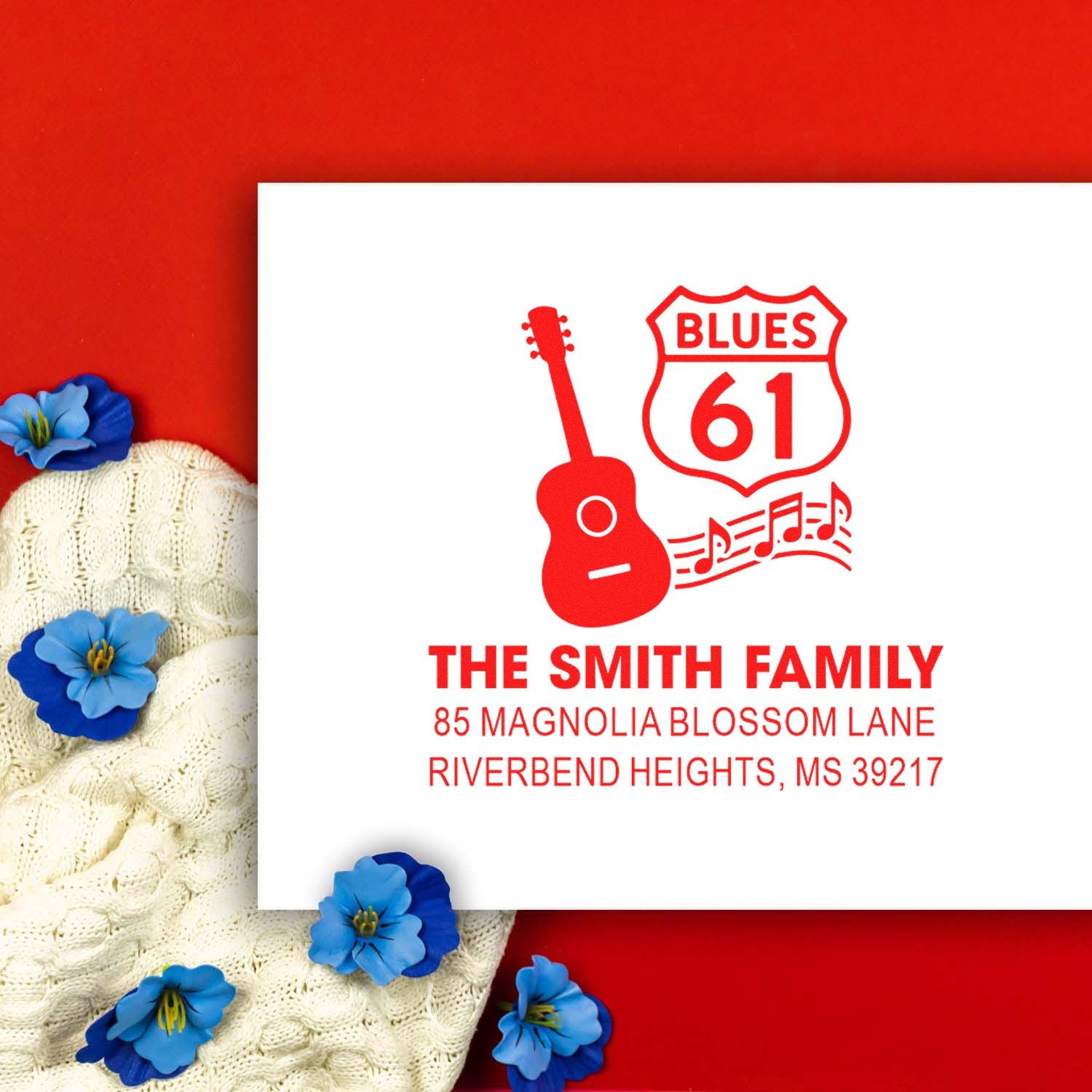Personalized music-themed return address rubber stamp for The Smith Family with Blues 61 guitar design.