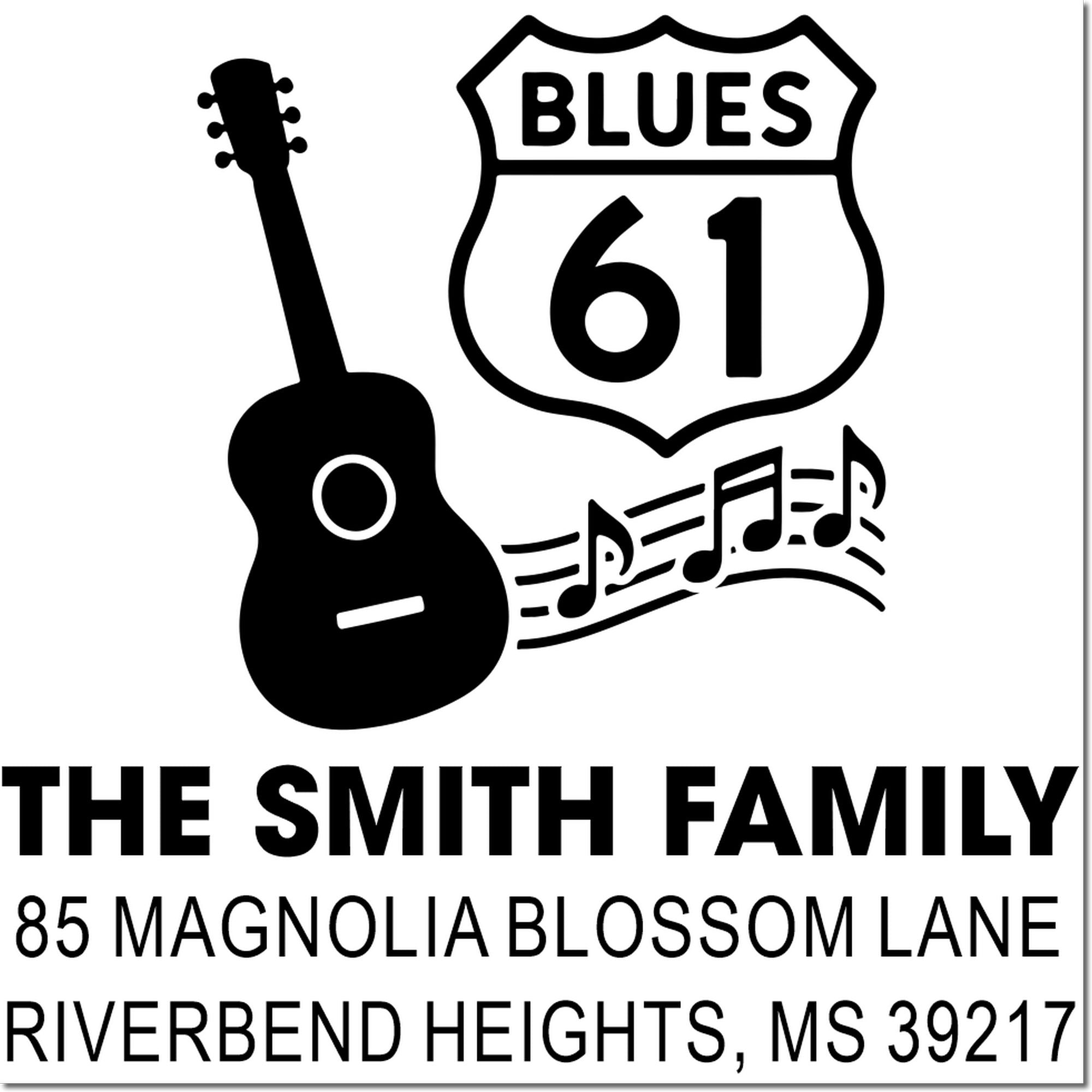Custom family address rubber stamp with Blues 61 guitar design, The Smith Family, Riverbend Heights MS 39217.