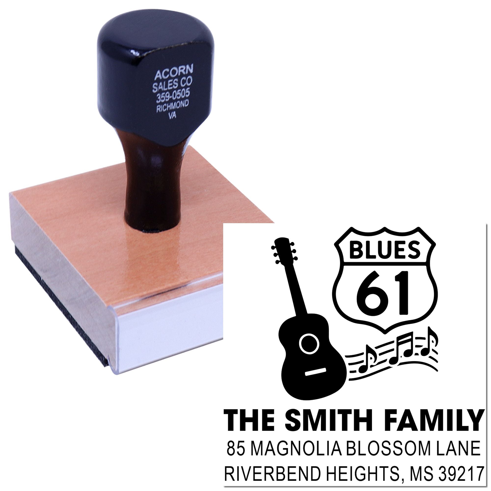 Custom music-themed return address rubber stamp with guitar, Blues 61 design, and The Smith Family address.