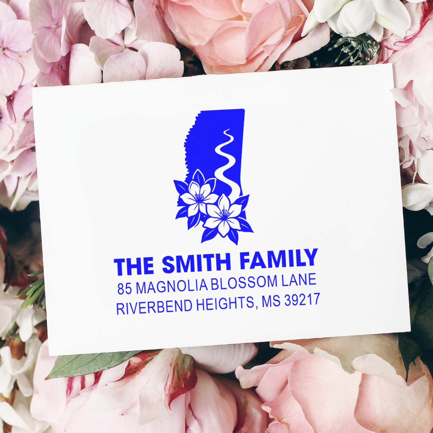 Custom return address rubber stamp with floral Mississippi design for The Smith Family, Riverbend Heights, MS