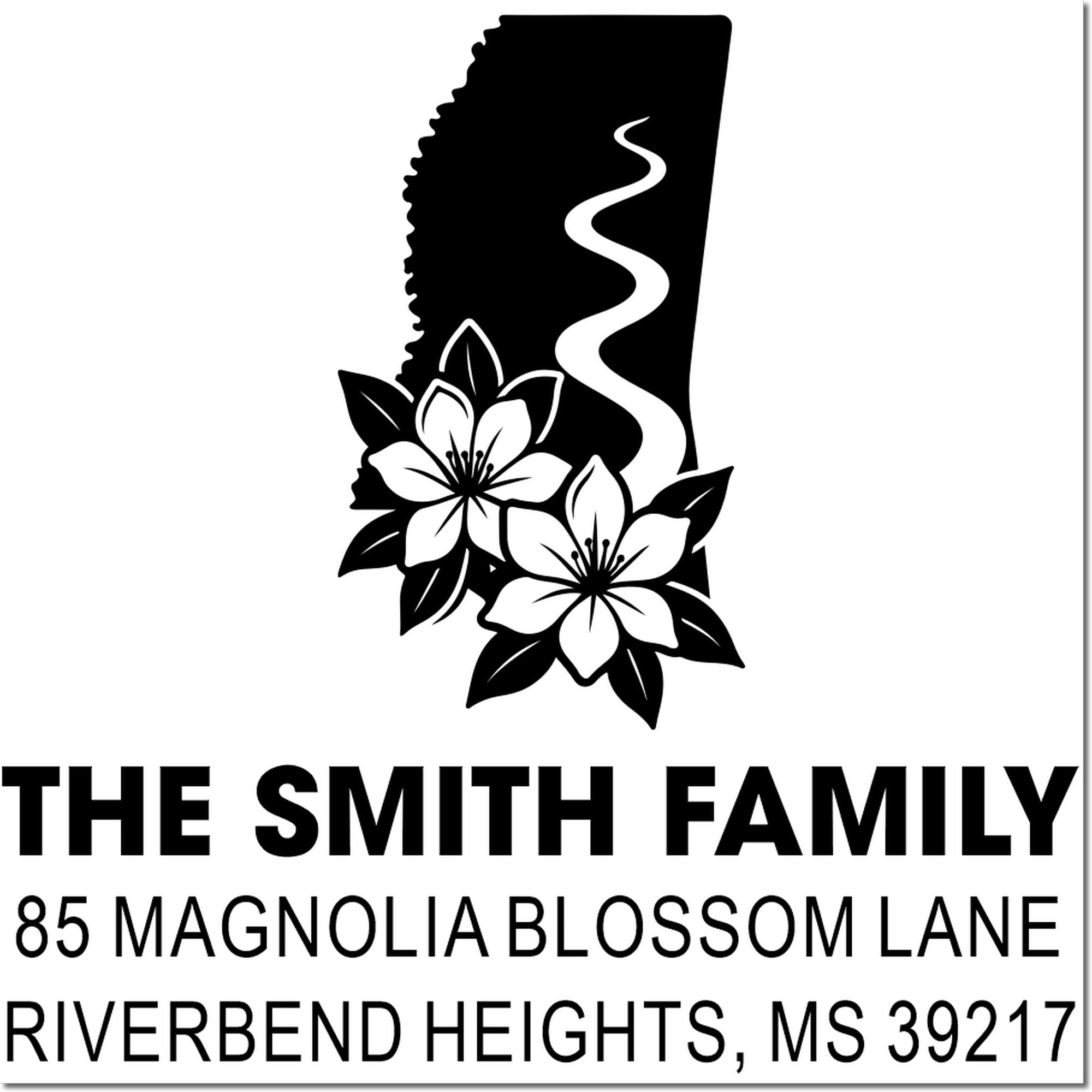 Custom rubber address stamp for The Smith Family, 85 Magnolia Blossom Lane, Riverbend Heights, MS 39217.