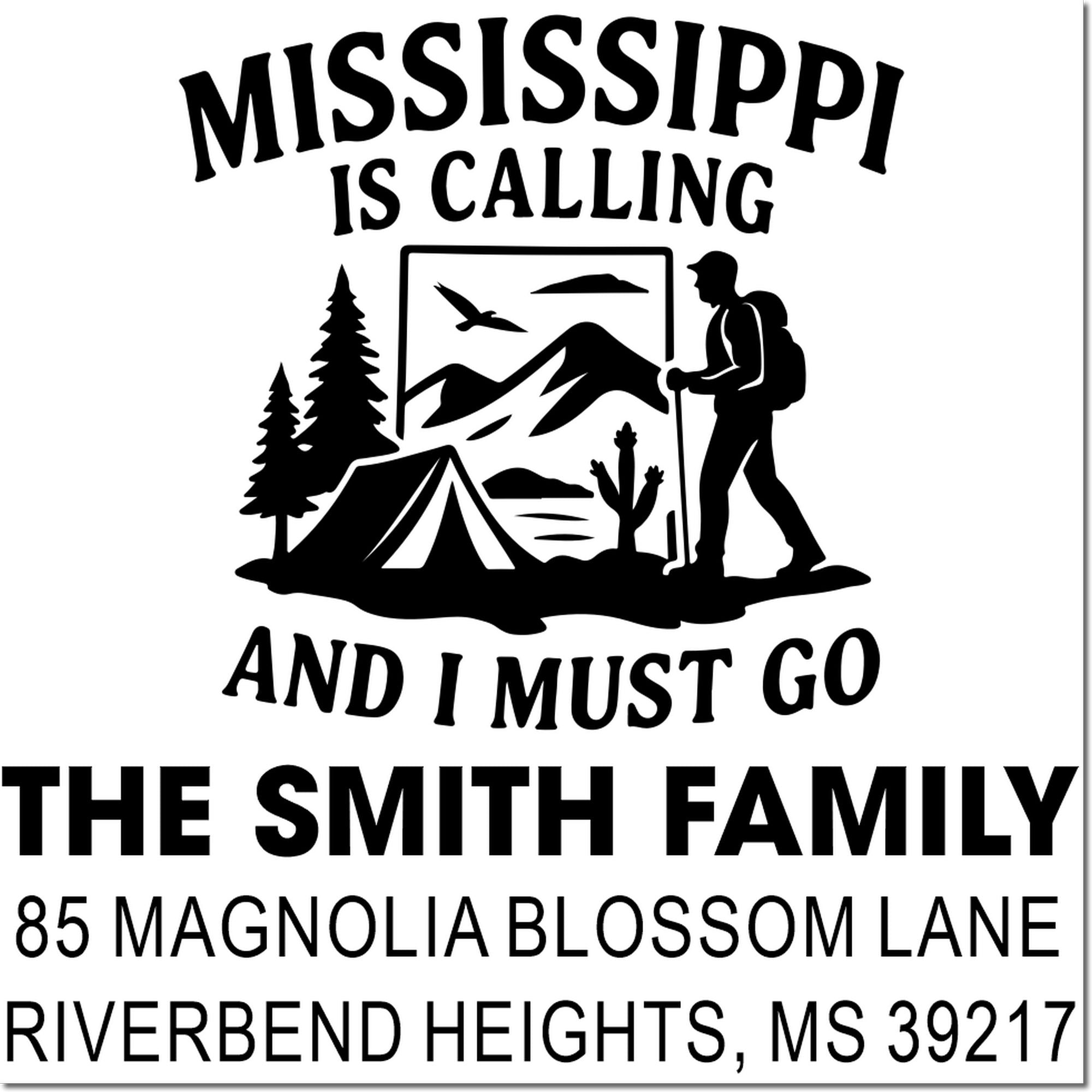 Personalized Mississippi camping return address stamp for The Smith Family, with tent and hiker graphic.