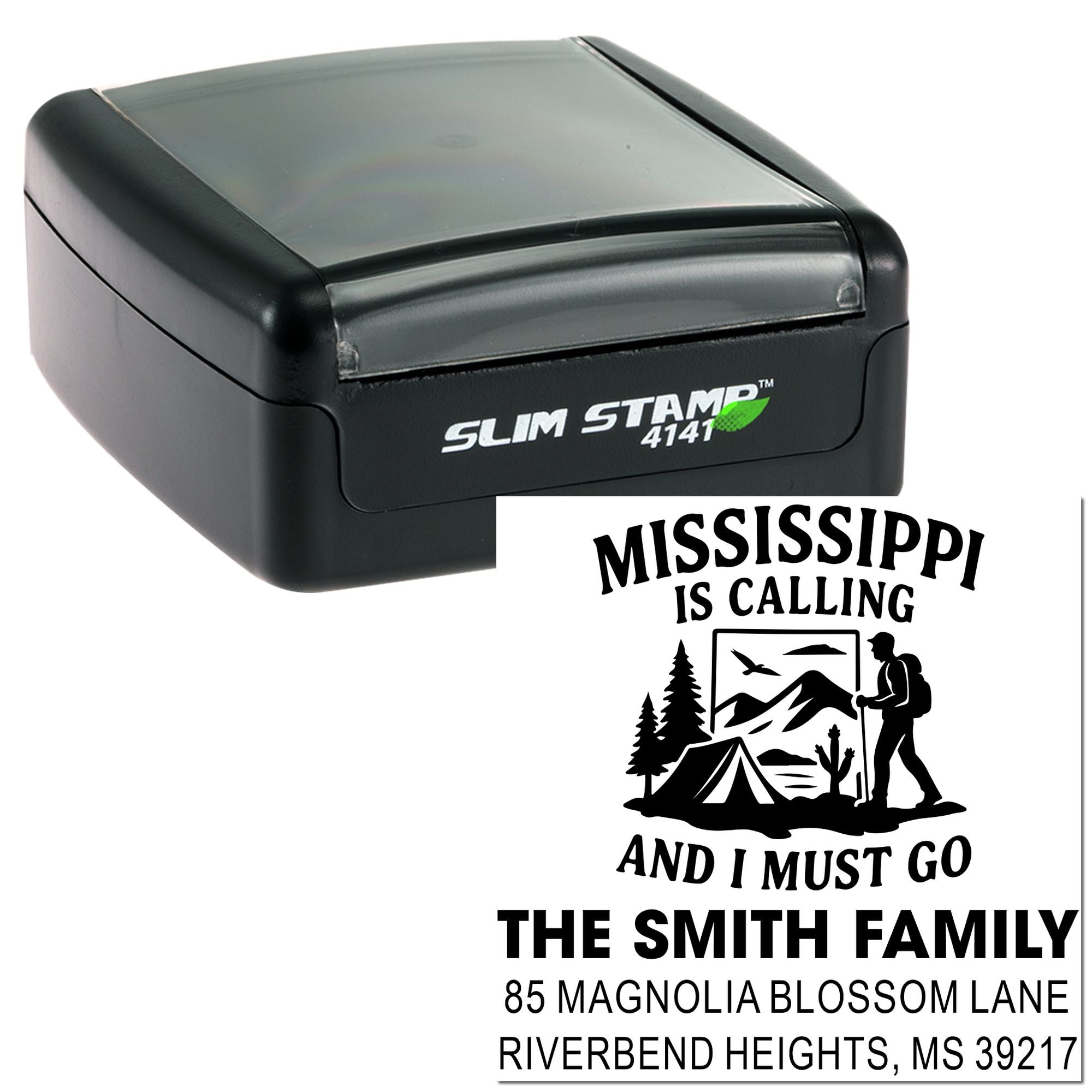 Adventure Awaits Mississippi Personalized 3-Line Custom Rubber Pre-Inked Stamp, 1-5/8" Square , Craft and Small Business Use