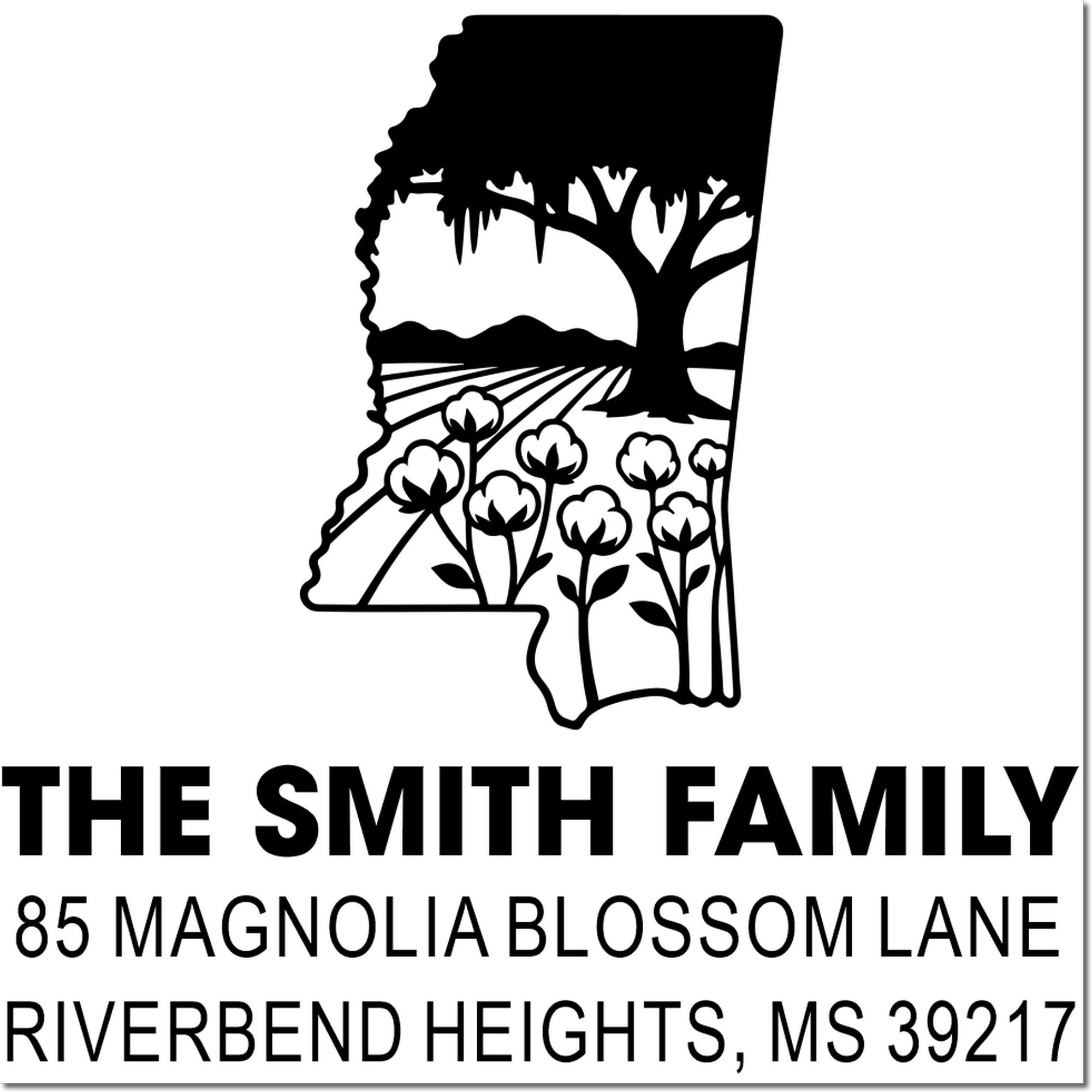 Custom Mississippi return address rubber stamp with cotton field design for The Smith Family, Riverbend Heights, MS 39217