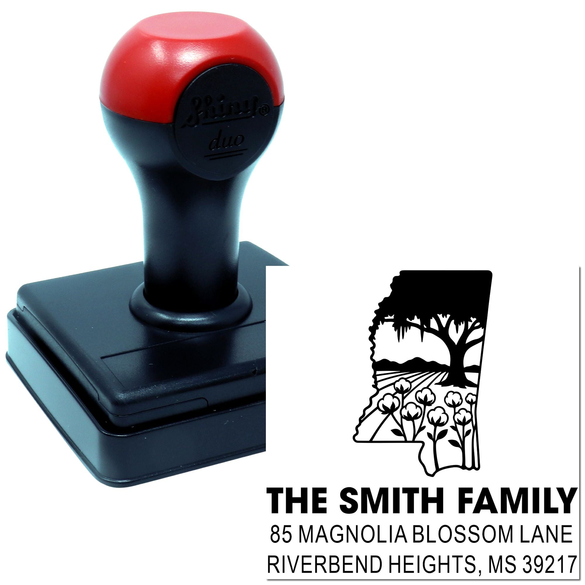 Custom self-inking address rubber stamp with Mississippi silhouette, The Smith Family, and home address.