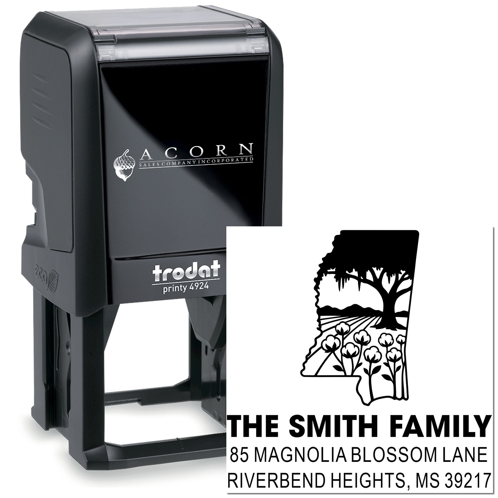 Personalized self-inking address rubber stamp, Trodat Printy 4924, with family name and Mississippi return address design.