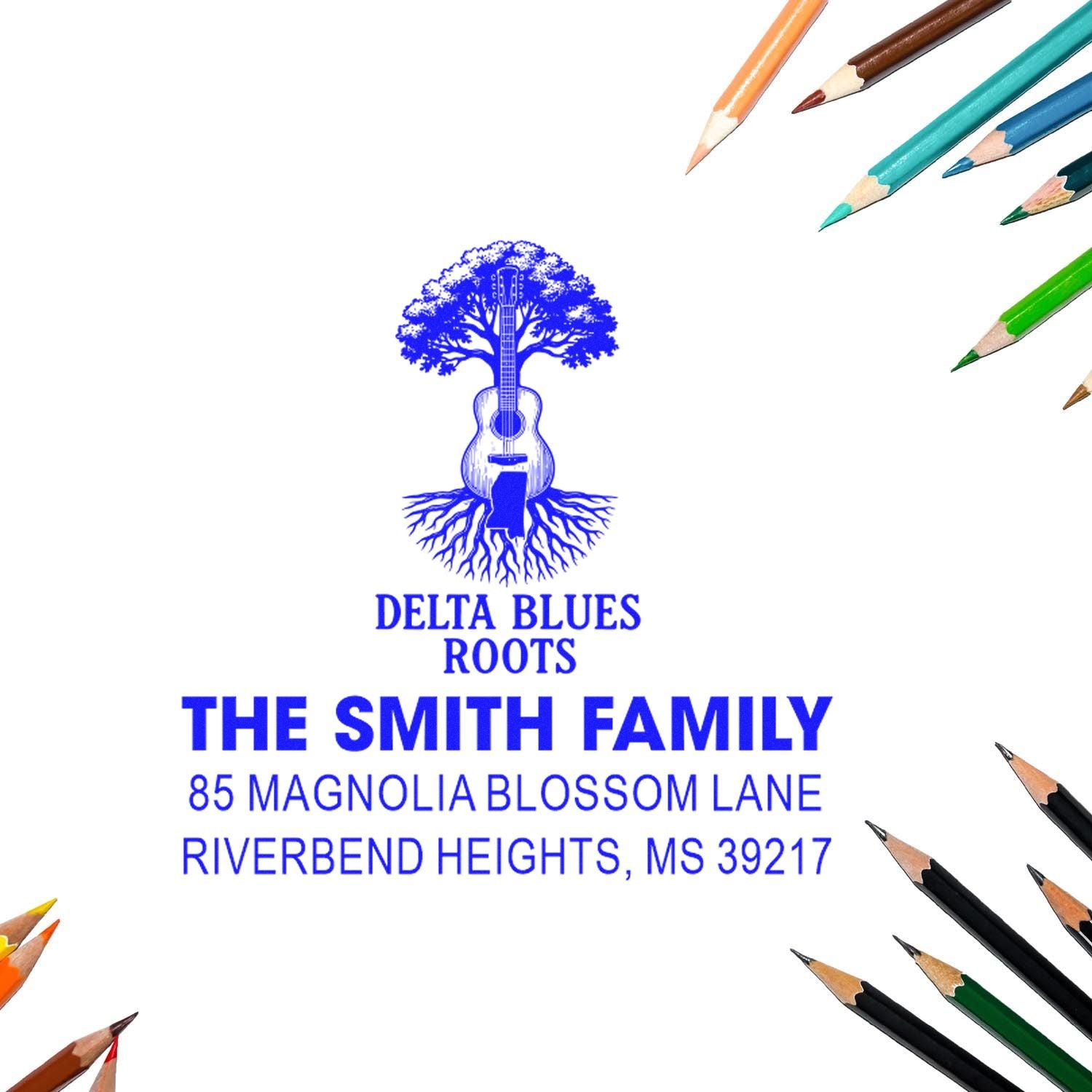 Custom return address rubber stamp for The Smith Family with Delta Blues Roots guitar-tree logo, Riverbend Heights, MS.