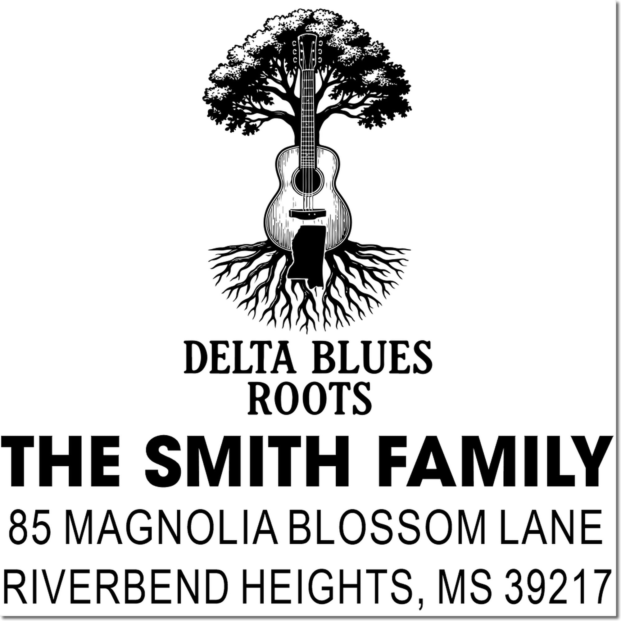 Custom family address rubber stamp with guitar tree logo, Delta Blues Roots, The Smith Family, 85 Magnolia Blossom Lane, MS 39217