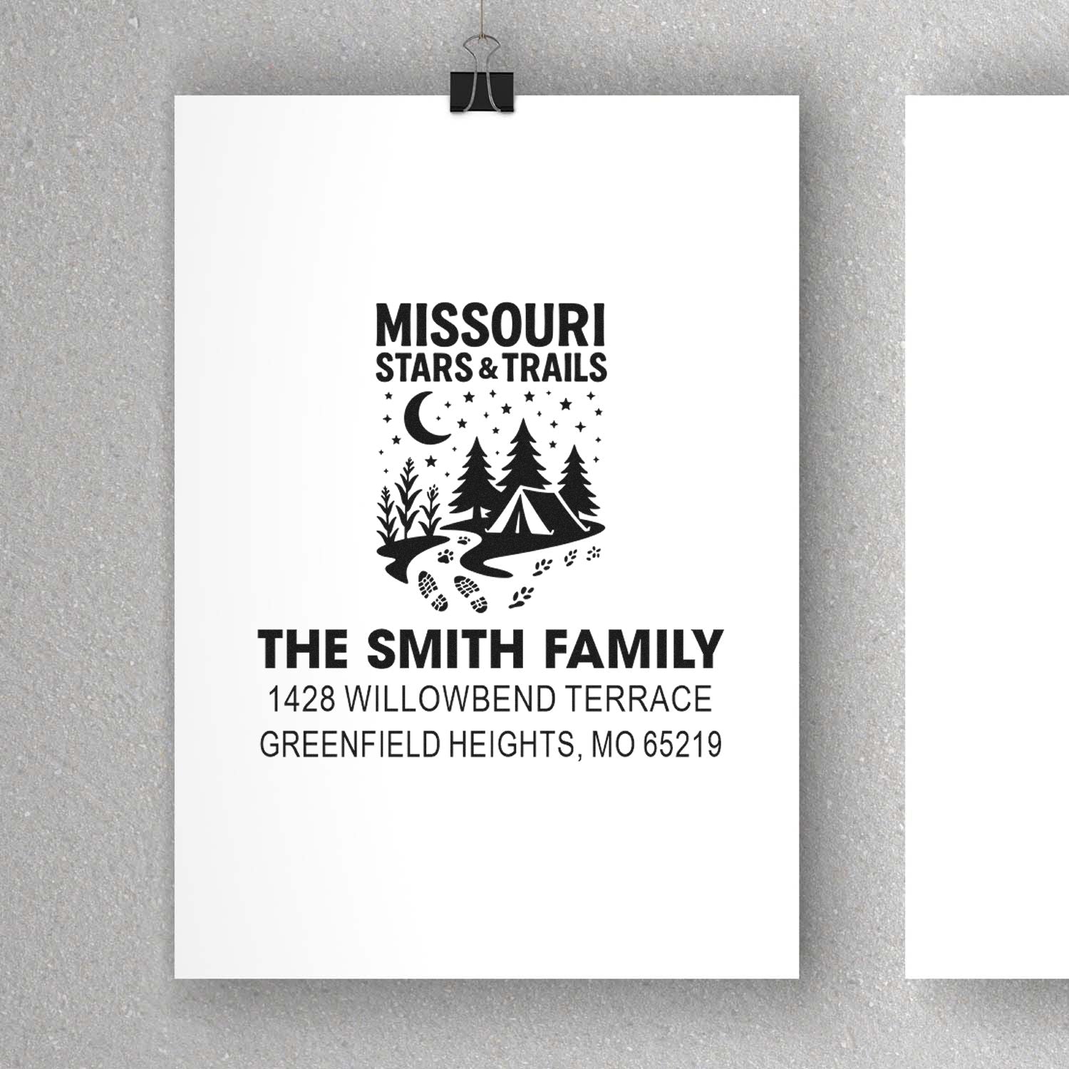 Custom Missouri Stars & Trails family address rubber stamp design with camping trees, moon, and trail motif for mail and stationery.