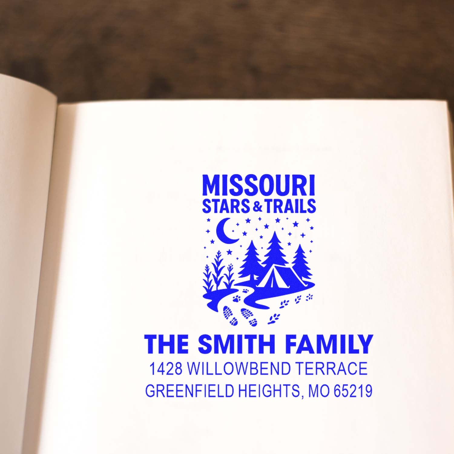 Custom Missouri Stars & Trails rubber address stamp for The Smith Family, featuring camping scene and Greenfield Heights, MO.