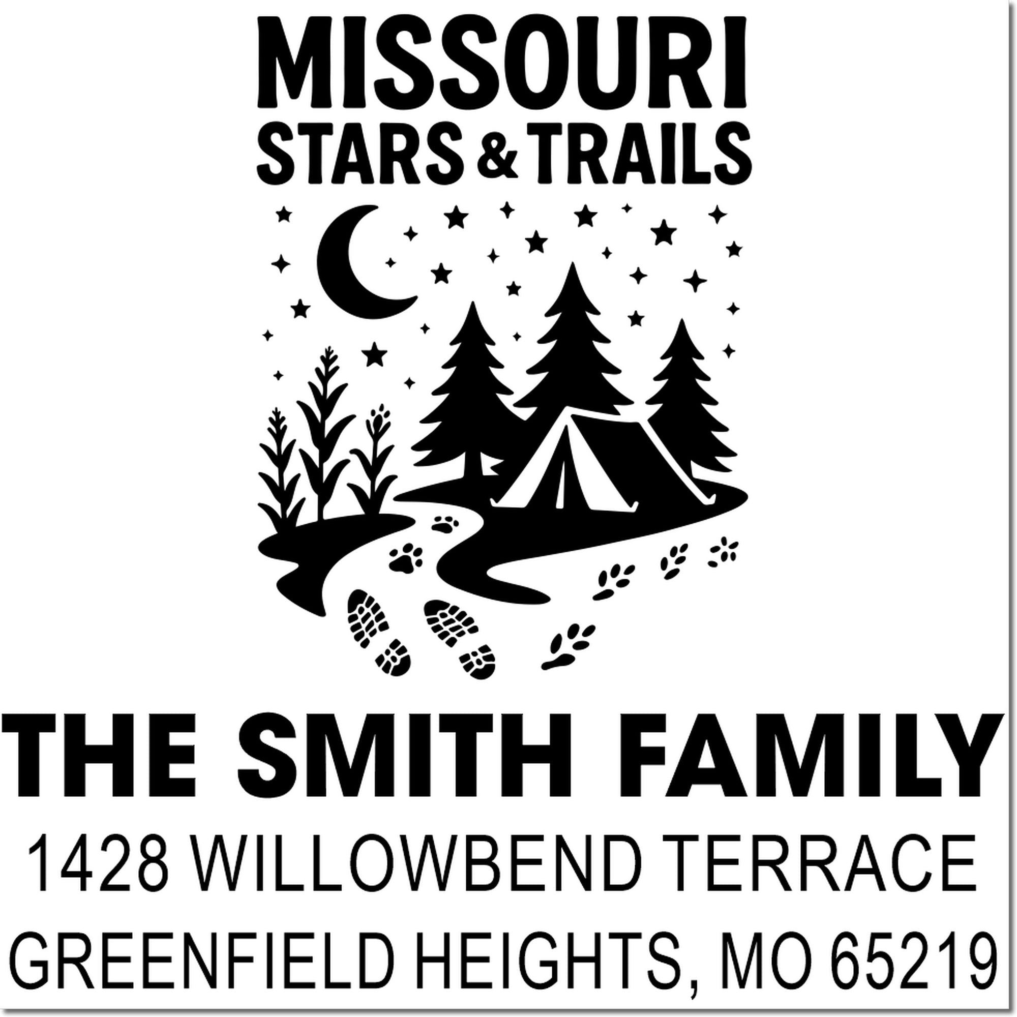 Custom Missouri rubber address stamp for The Smith Family, with Stars & Trails camping scene and Greenfield Heights, MO 65219.