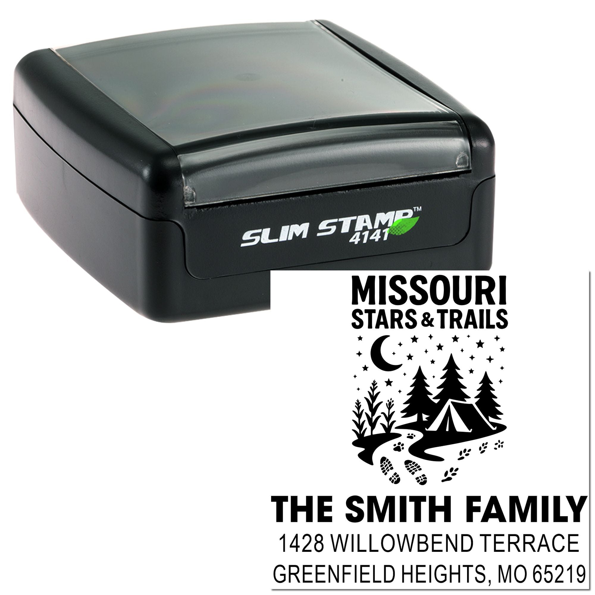 Slim self-inking rubber stamp with custom Missouri Stars & Trails return address design for The Smith Family.