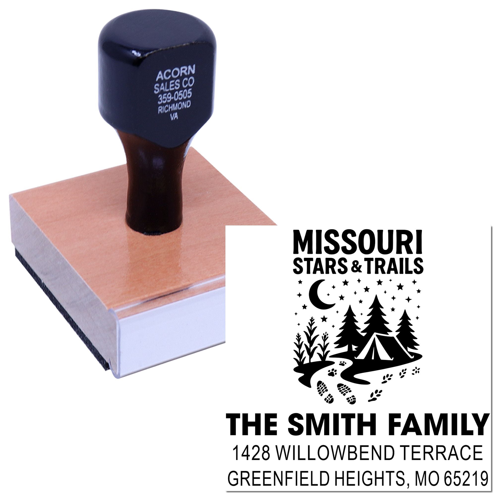 Custom rubber address stamp with Missouri Stars & Trails camping design and The Smith Family return address.