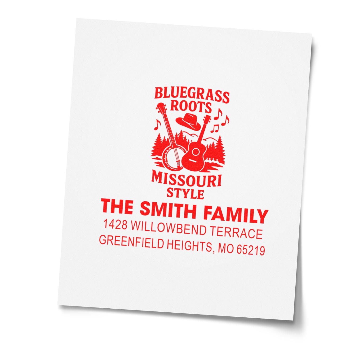 Custom family address rubber stamp with Bluegrass Roots Missouri style design, featuring The Smith Family and Greenfield Heights, MO