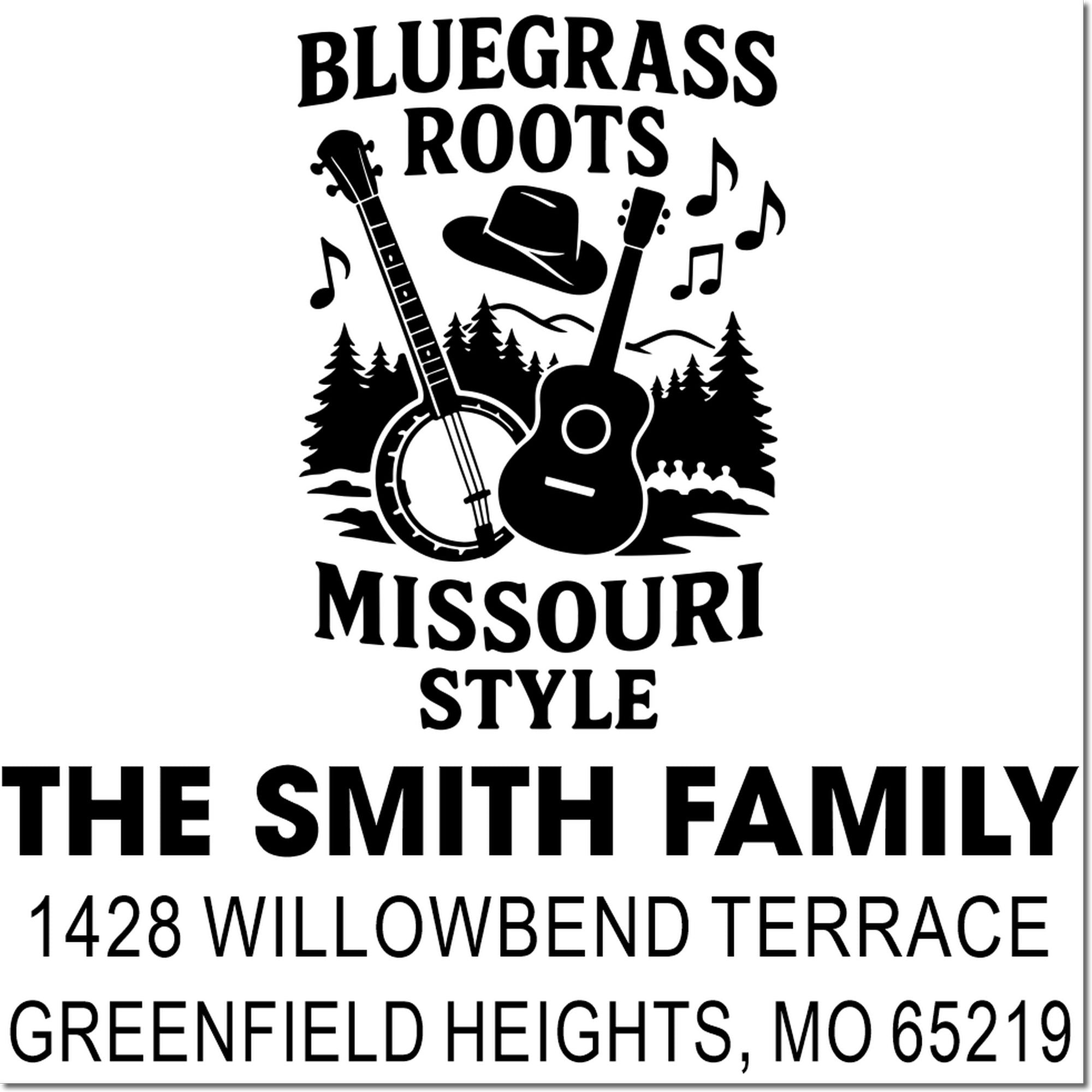Custom family rubber stamp design with Bluegrass Roots Missouri Style, The Smith Family, and Greenfield Heights, MO address.