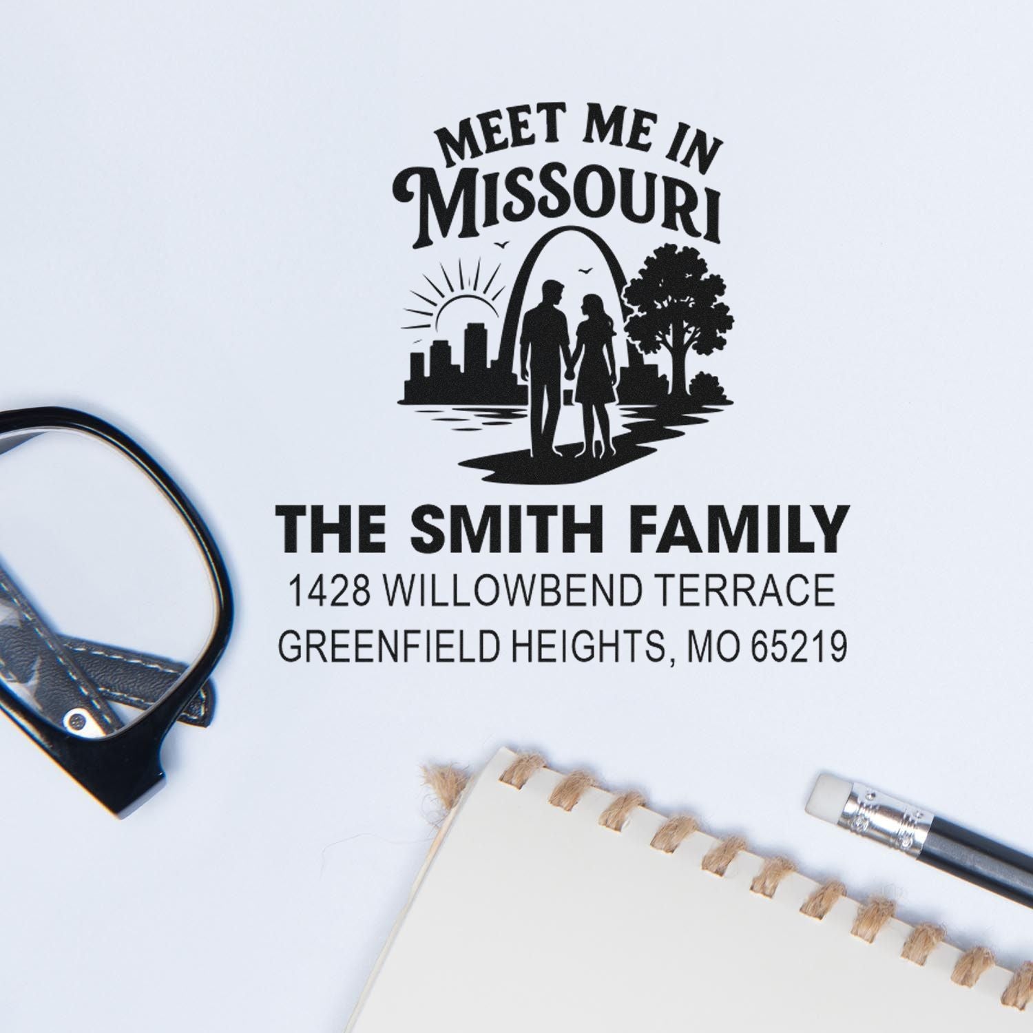 Personalized Missouri family address stamp with Meet Me in Missouri design and The Smith Family return address.