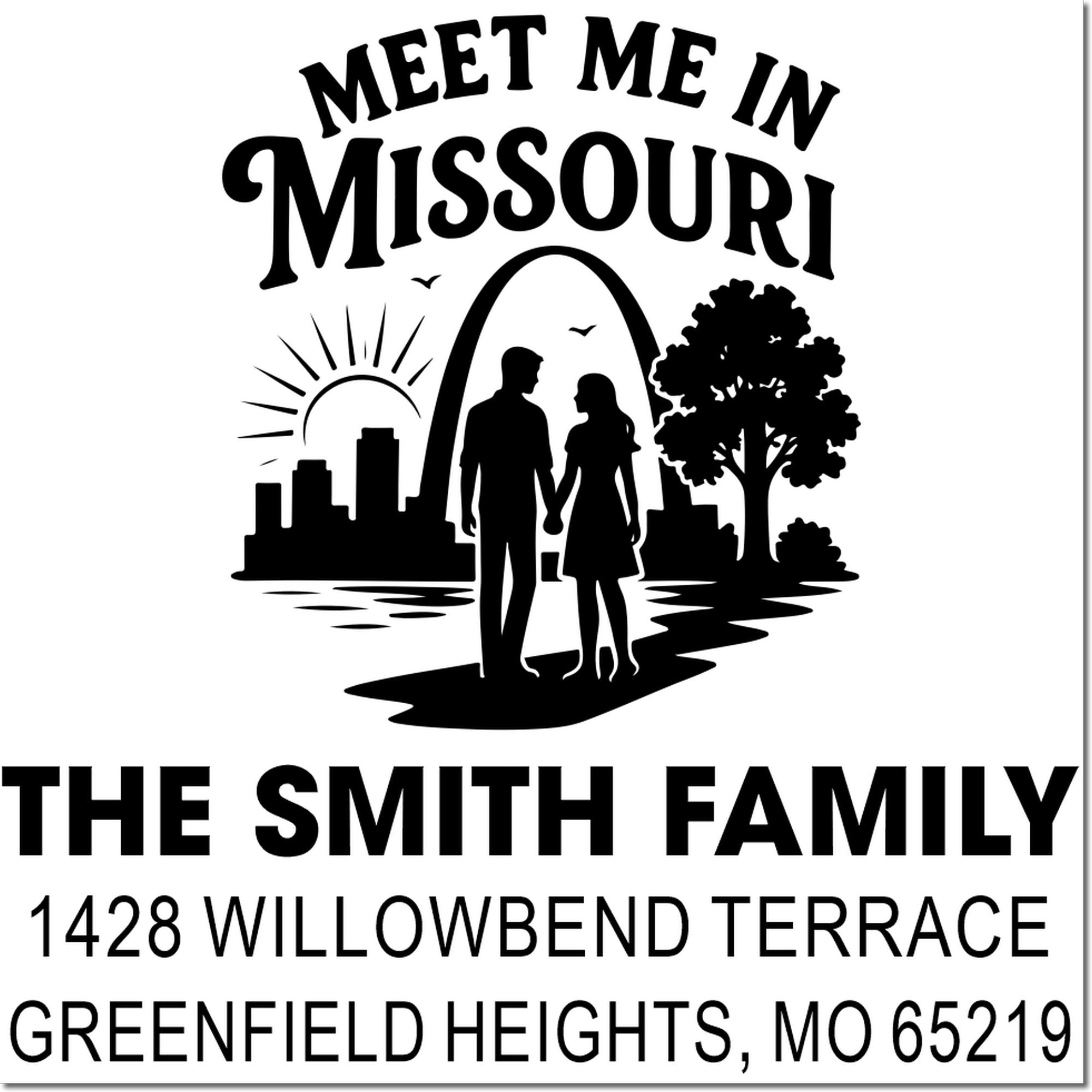 Custom Missouri address rubber stamp for The Smith Family, Greenfield Heights, MO 65219, with 1428 Willowbend Terrace.