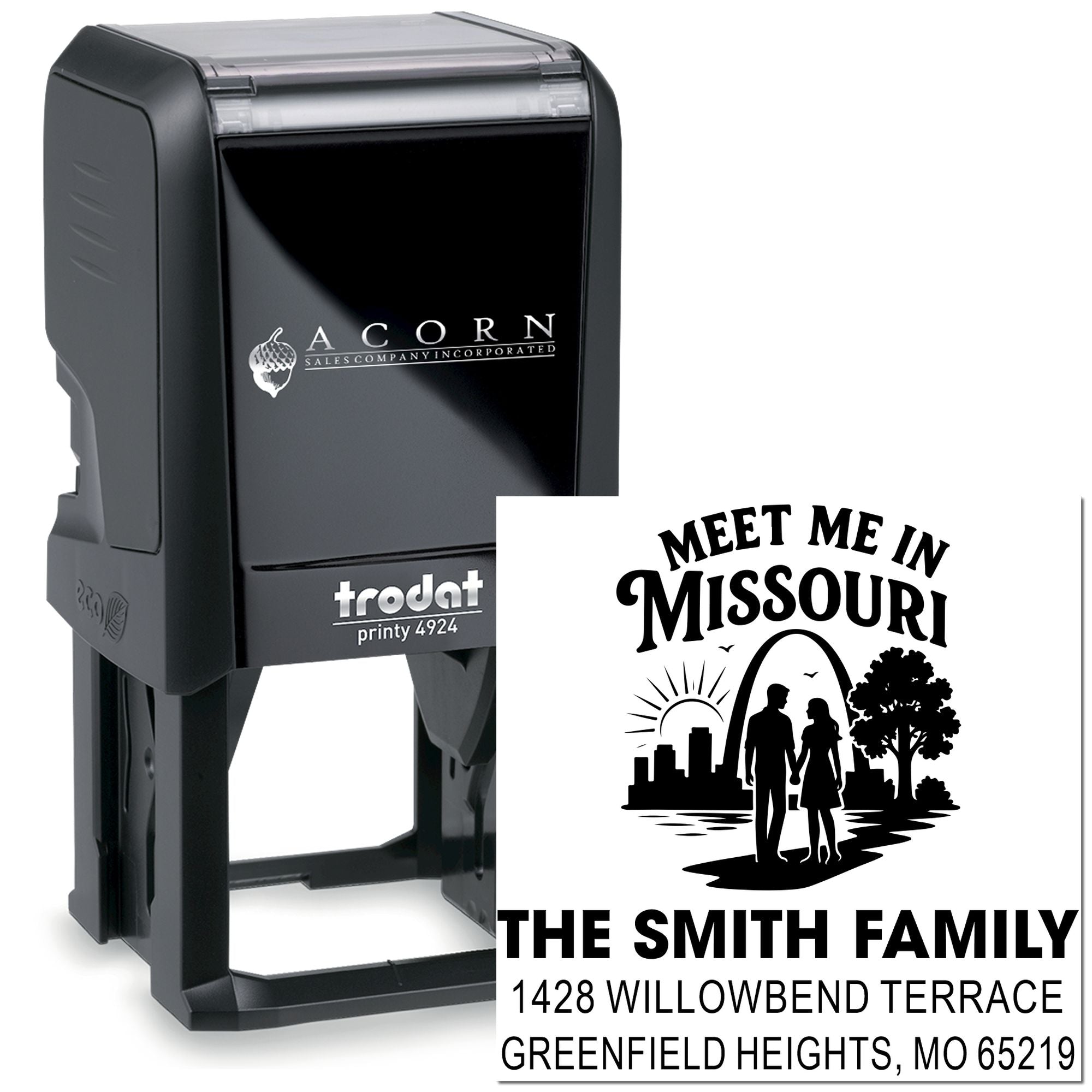 Custom self-inking rubber stamp with Meet Me in Missouri family address design for personalized mailing.