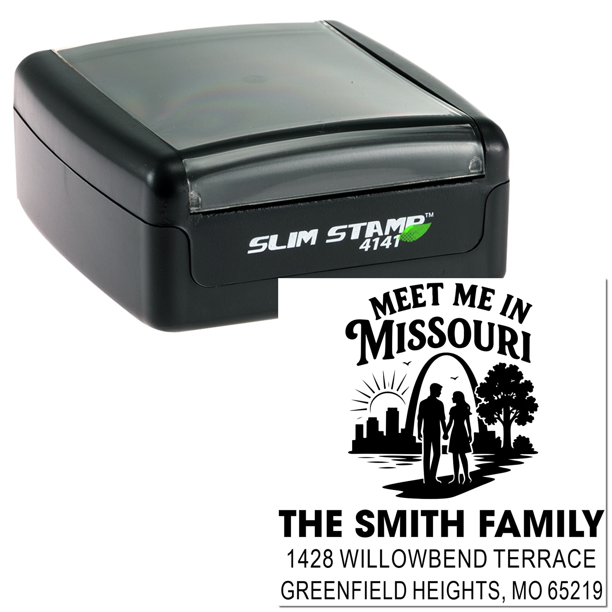 Slim Stamp 4141 self-inking return address rubber stamp with custom Missouri family design for personalized mail.
