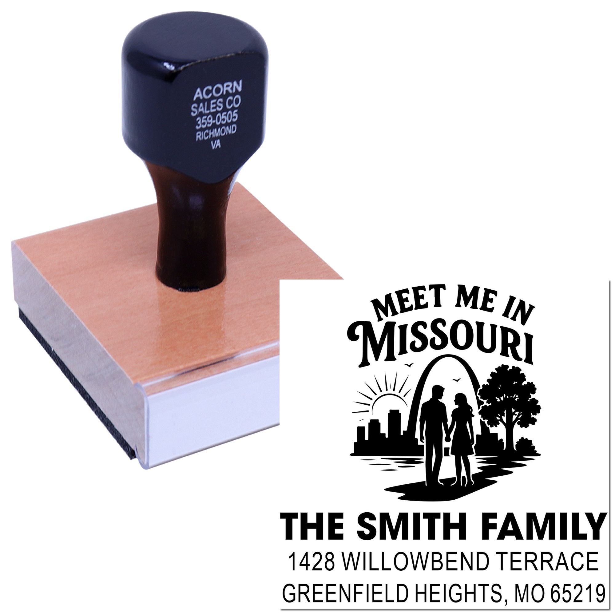 Custom address rubber stamp with Meet Me in Missouri family design for personalized mail, invitations, and crafts.
