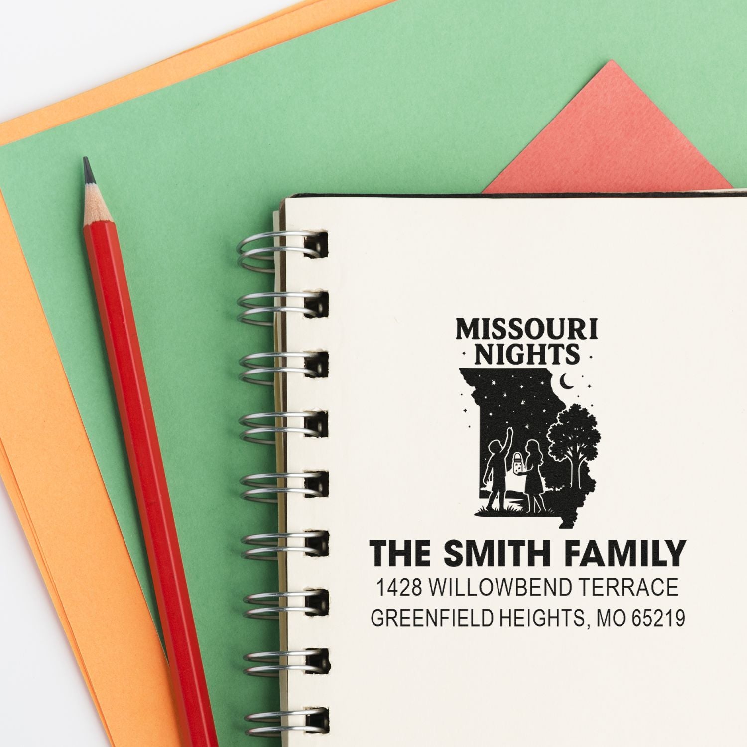 Custom Missouri Nights rubber stamp with The Smith Family return address for personalized family stationery and wedding mailings