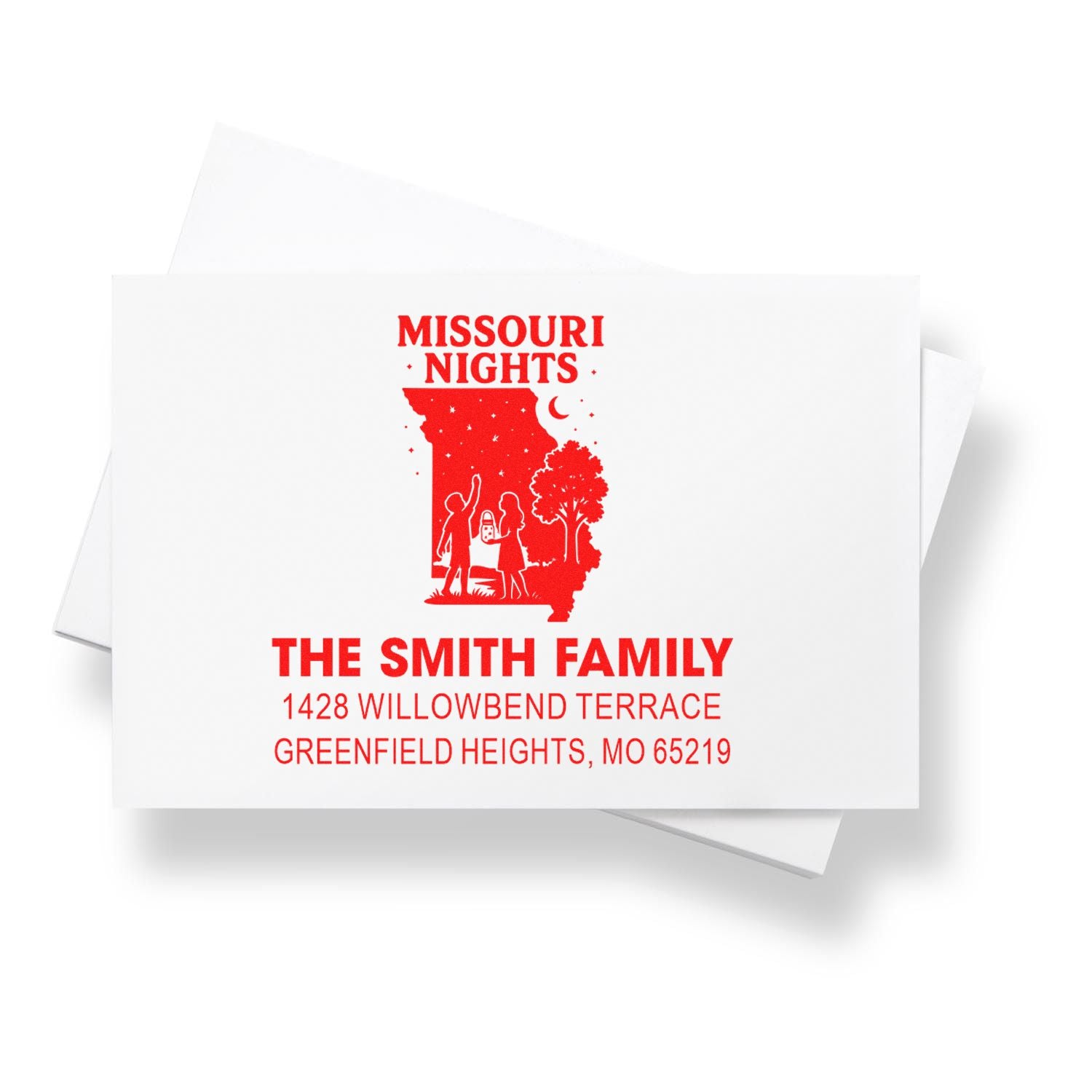 Personalized Missouri Nights return address rubber stamp for The Smith Family, with custom address and state design.