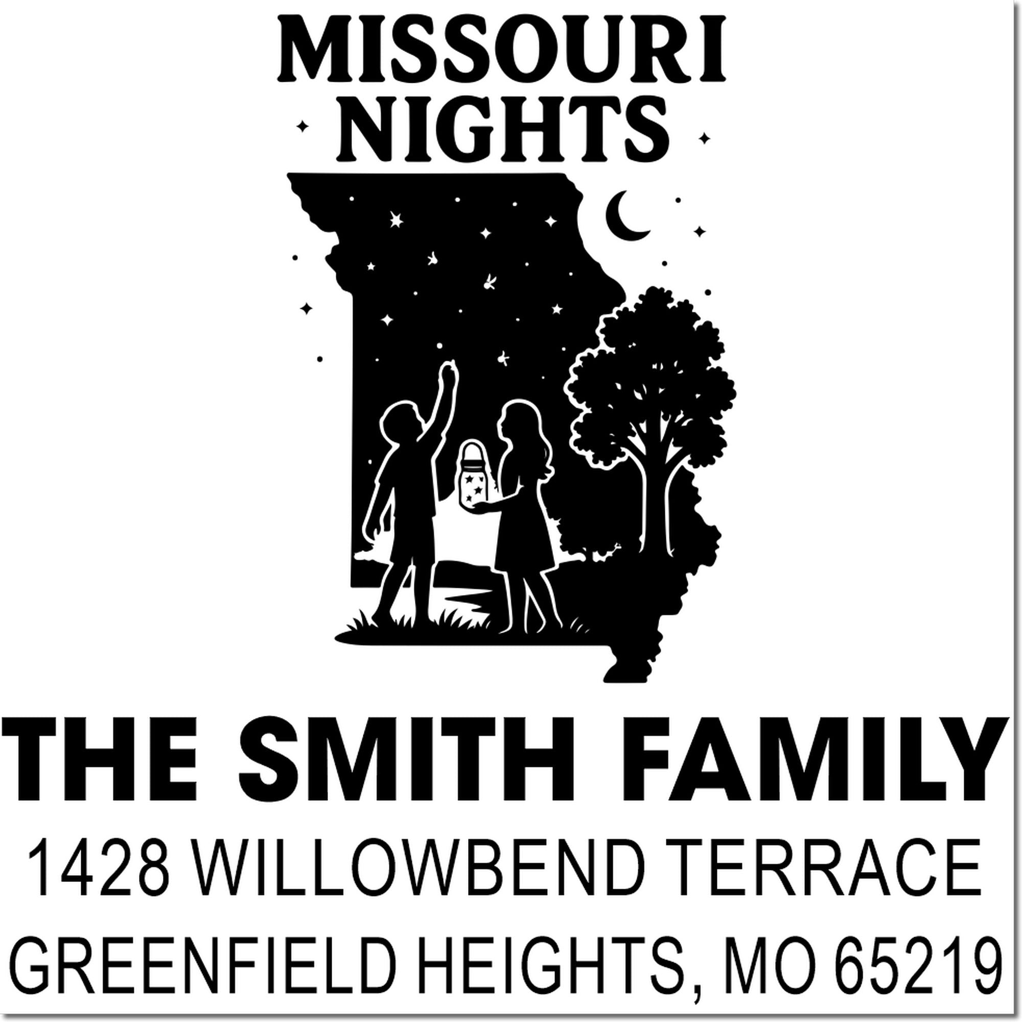 Missouri Nights custom return address rubber stamp for The Smith Family, Greenfield Heights, MO 65219.