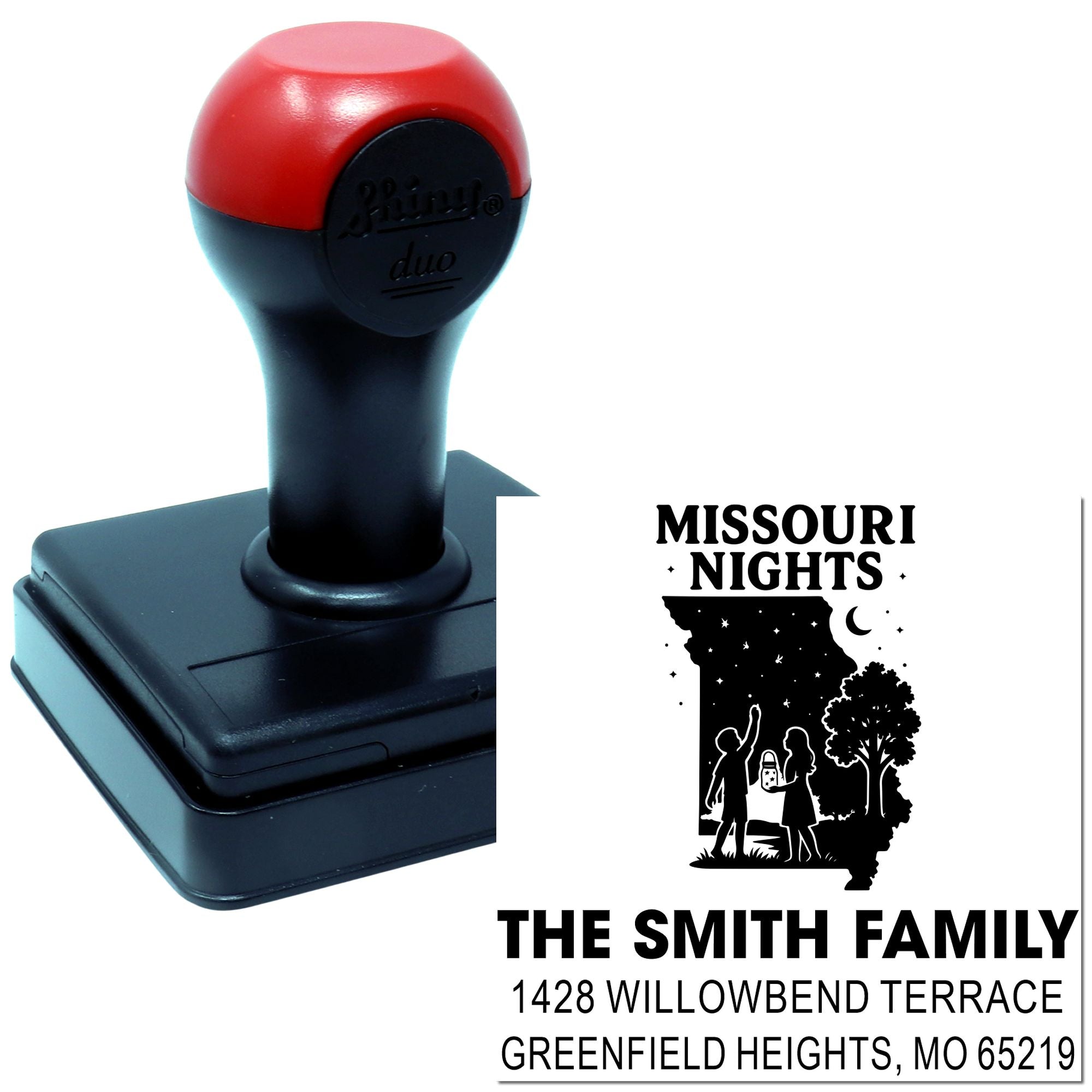 Custom self-inking rubber stamp with Missouri Nights family return address design and personalized address impression.