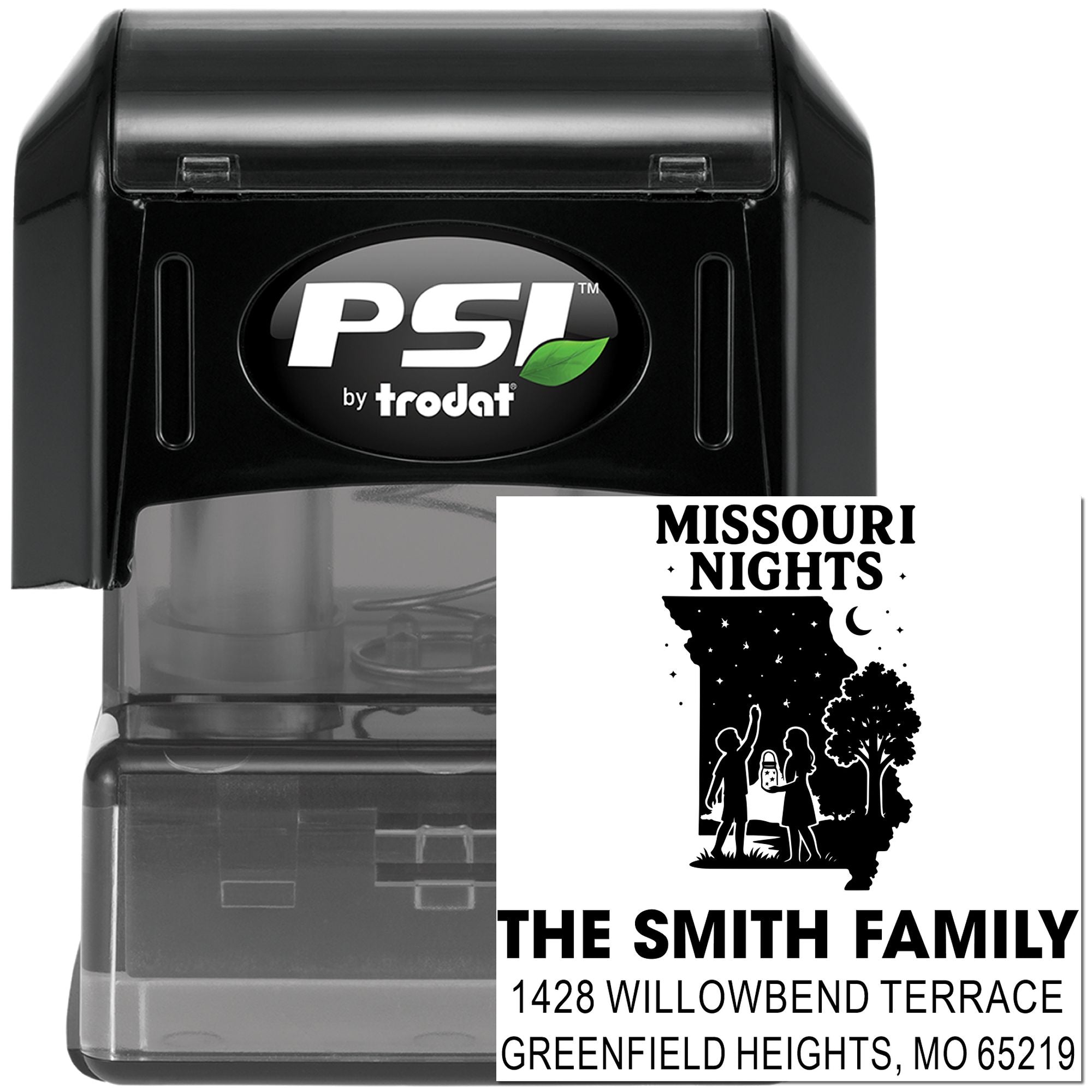 PSI by Trodat custom self-inking rubber address stamp with Missouri Nights design for The Smith Family
