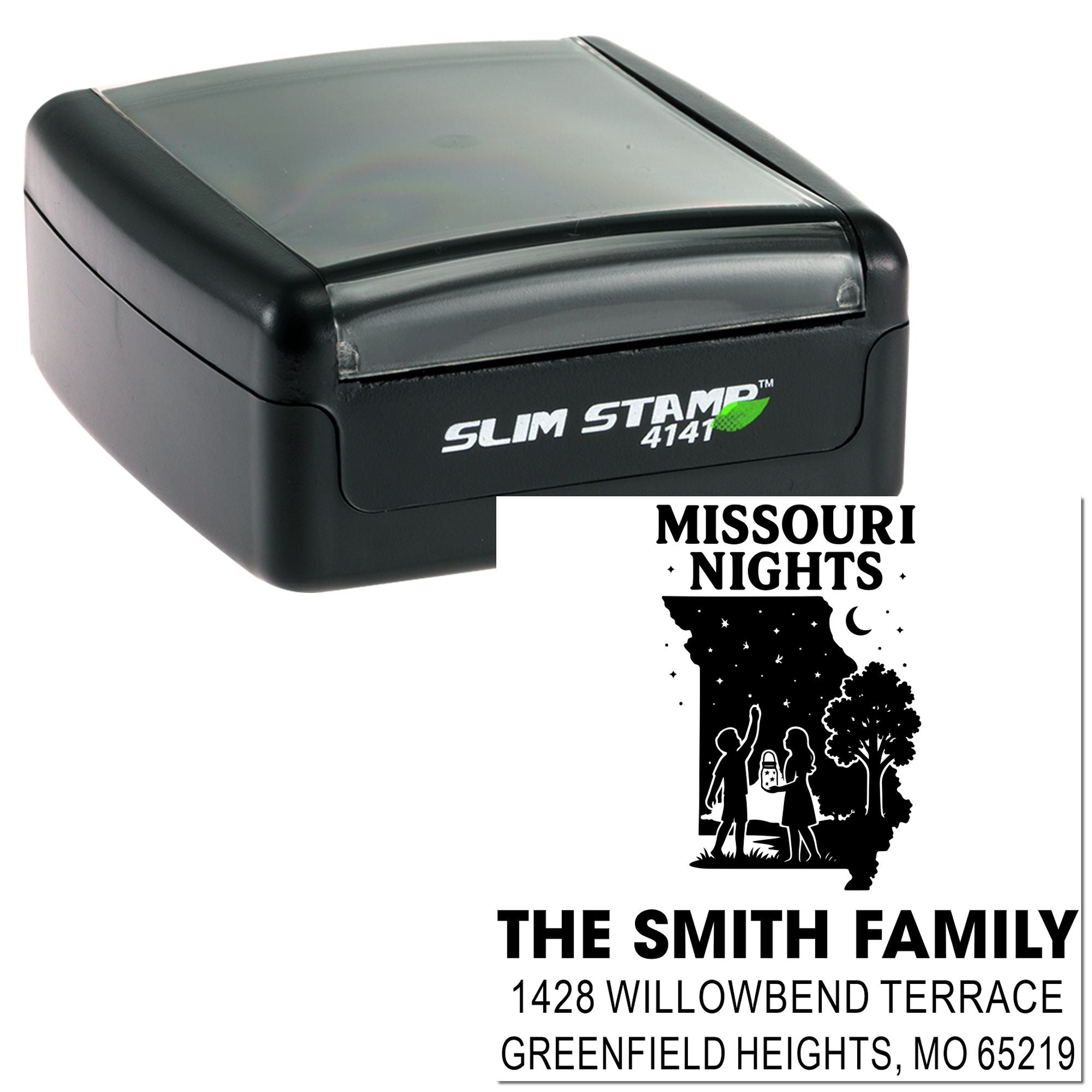 Custom self-inking rubber stamp with Missouri Nights family address design for personalized mailing and branding.