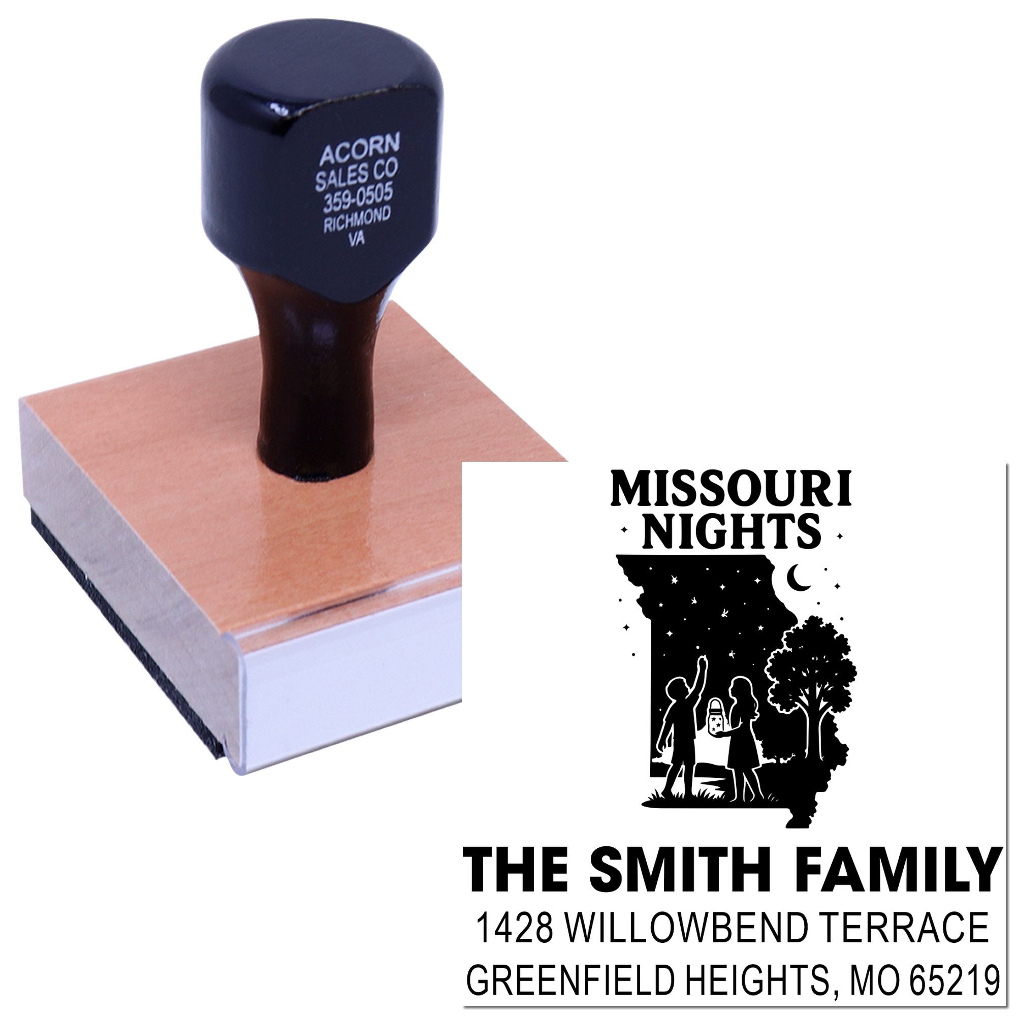 Custom rubber stamp with Missouri Nights family address design, ideal for personalized return address and event branding.