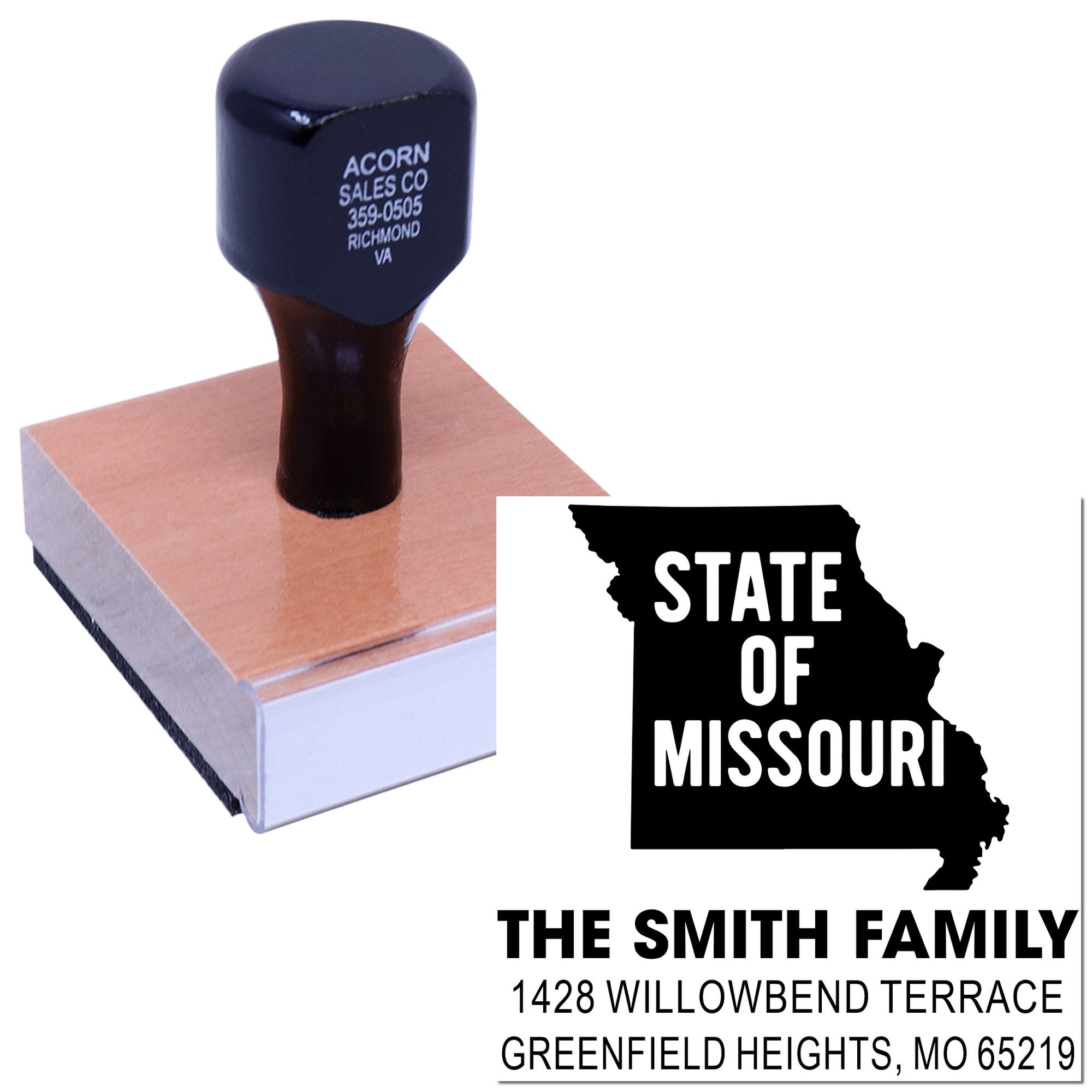 Custom Missouri state rubber stamp with family name and address imprint, shown on stamp block.