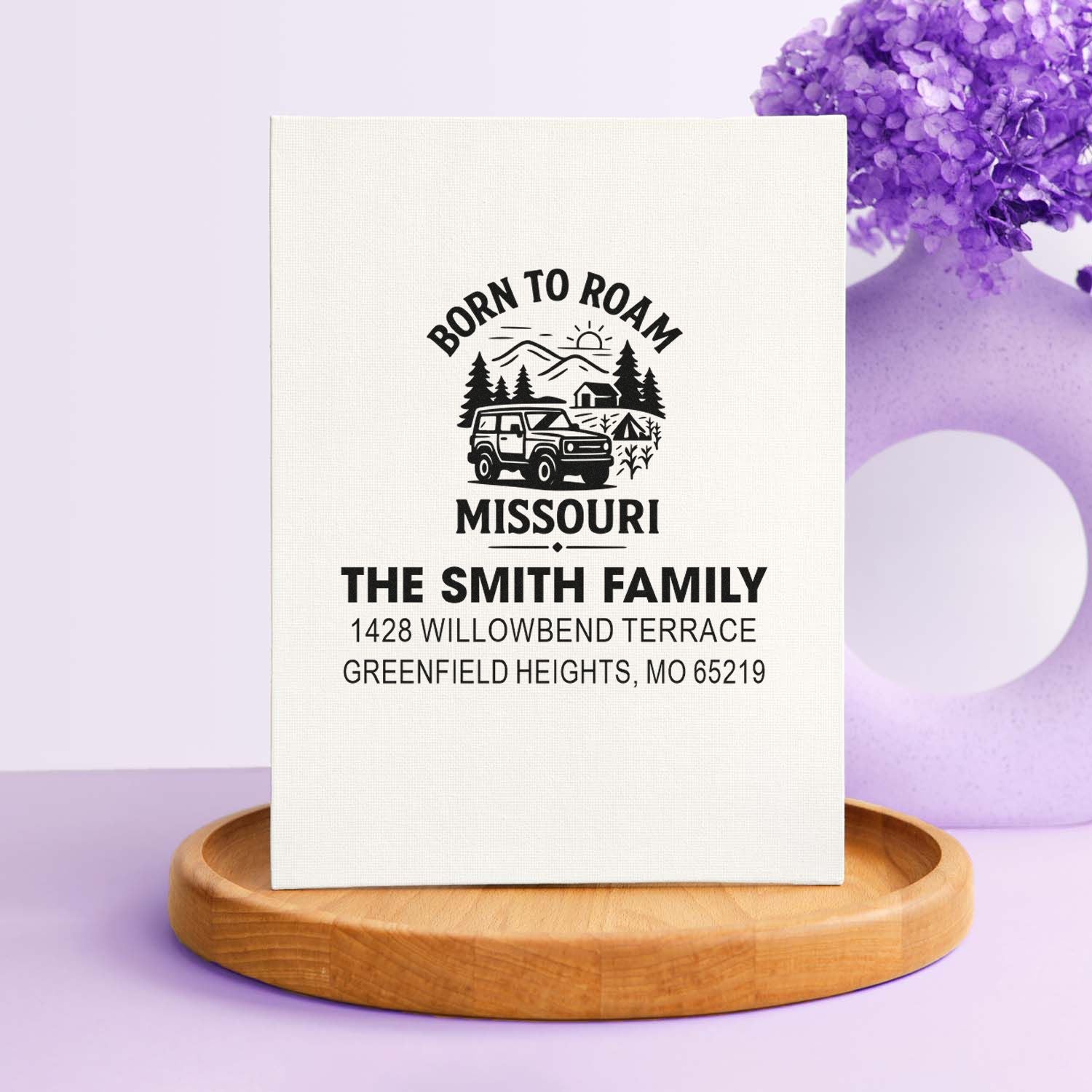 Custom return address rubber stamp for The Smith Family, Missouri, with Born to Roam camper design