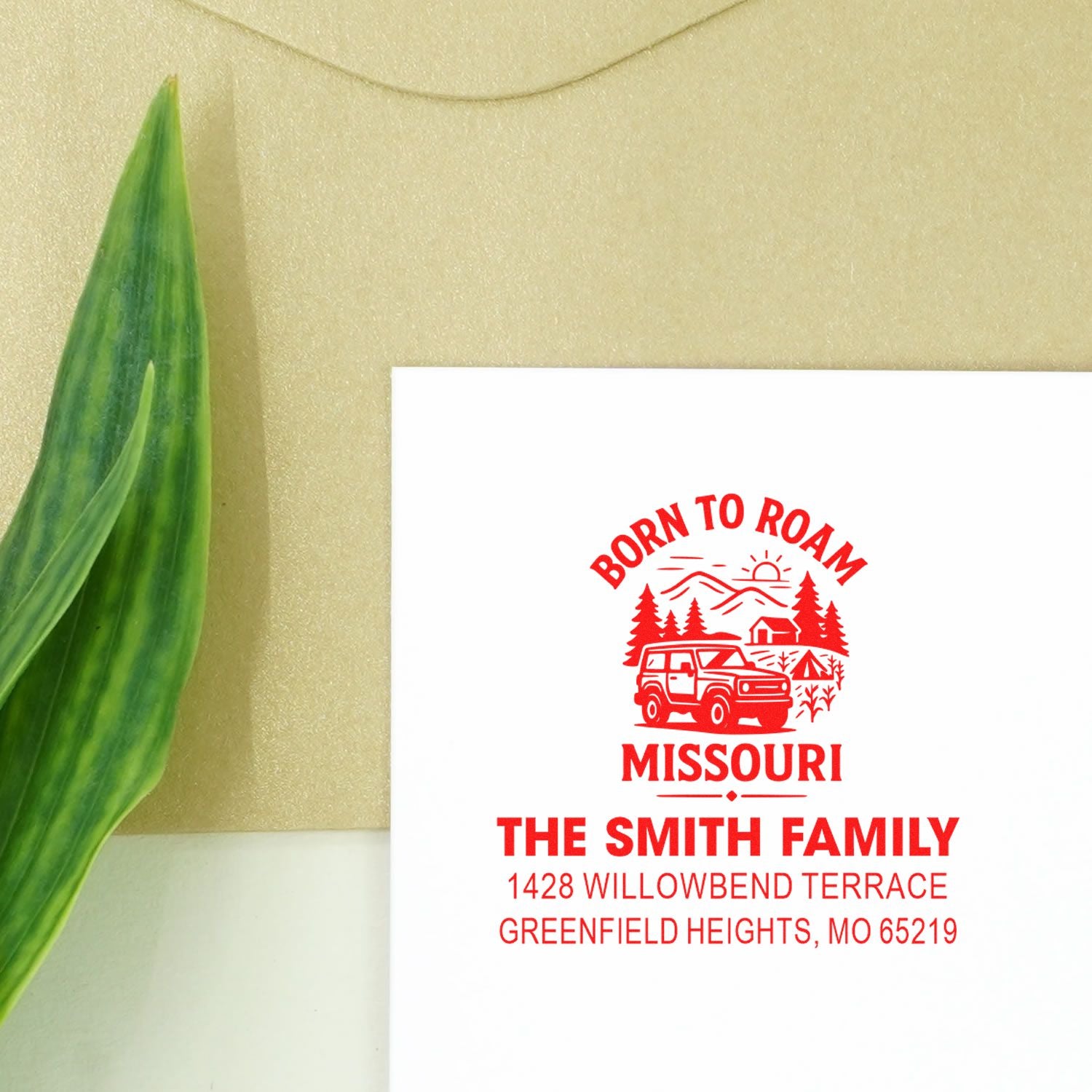 Custom personalized return address rubber stamp for The Smith Family, with Born to Roam Missouri travel design.