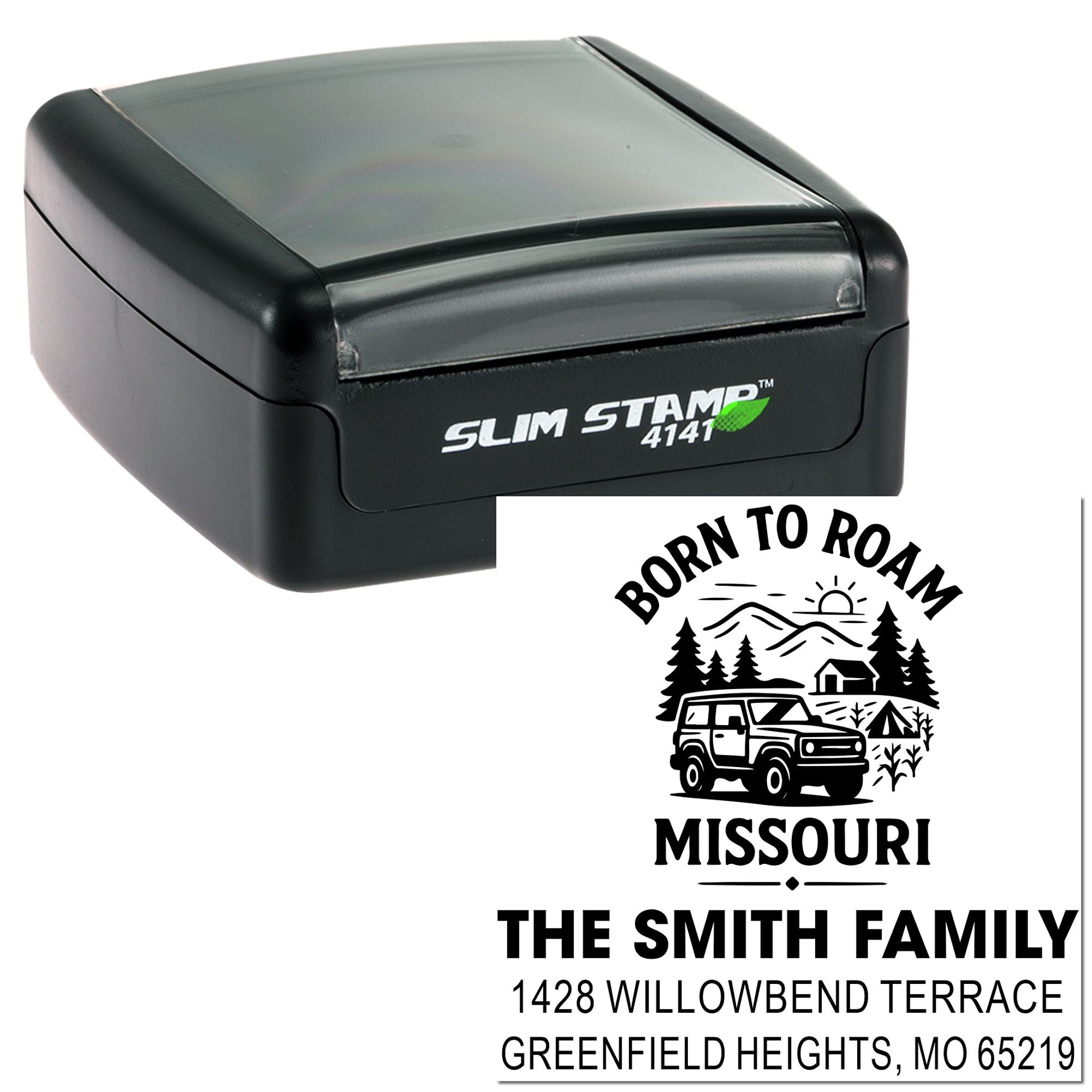 Adventure Awaits Missouri Three-Line Personalized Rubber Pre-Inked Stamp with Square