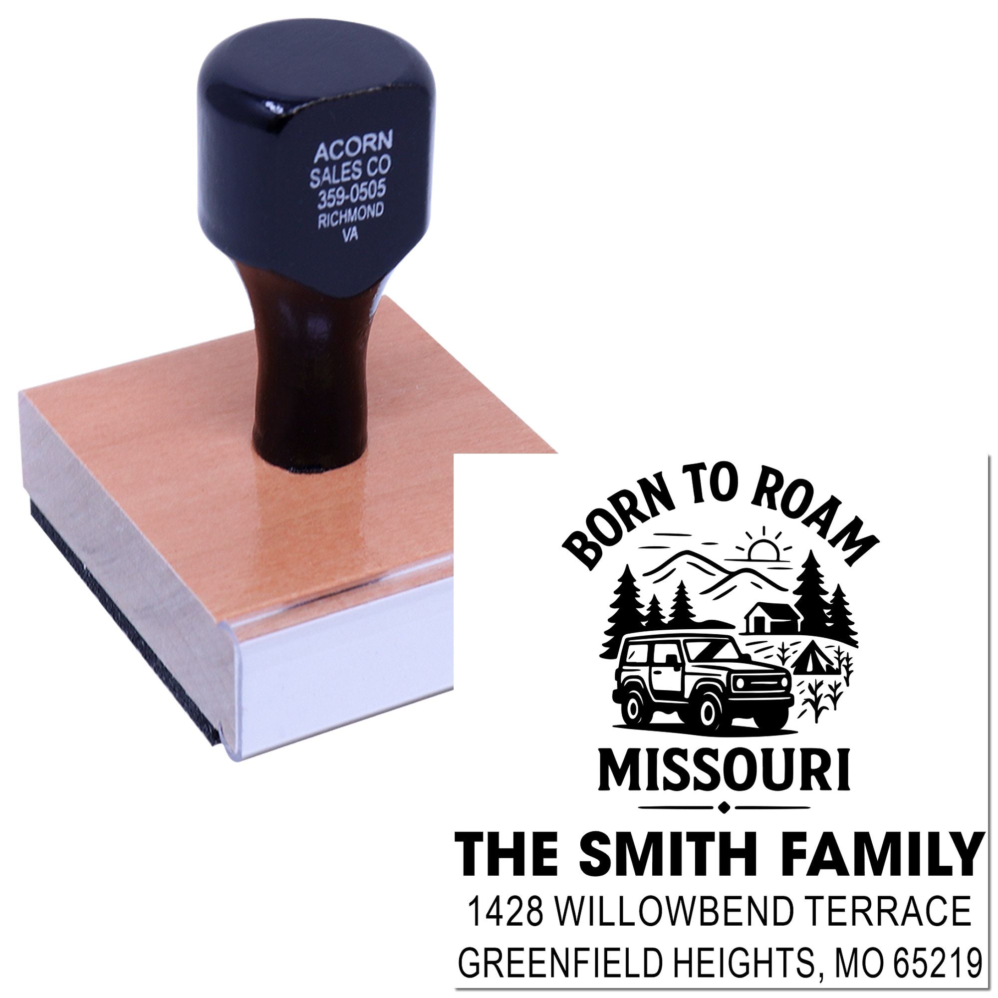 Custom return address rubber stamp for The Smith Family, Missouri camping design, ideal for envelopes, mailings, and personalized stationery.