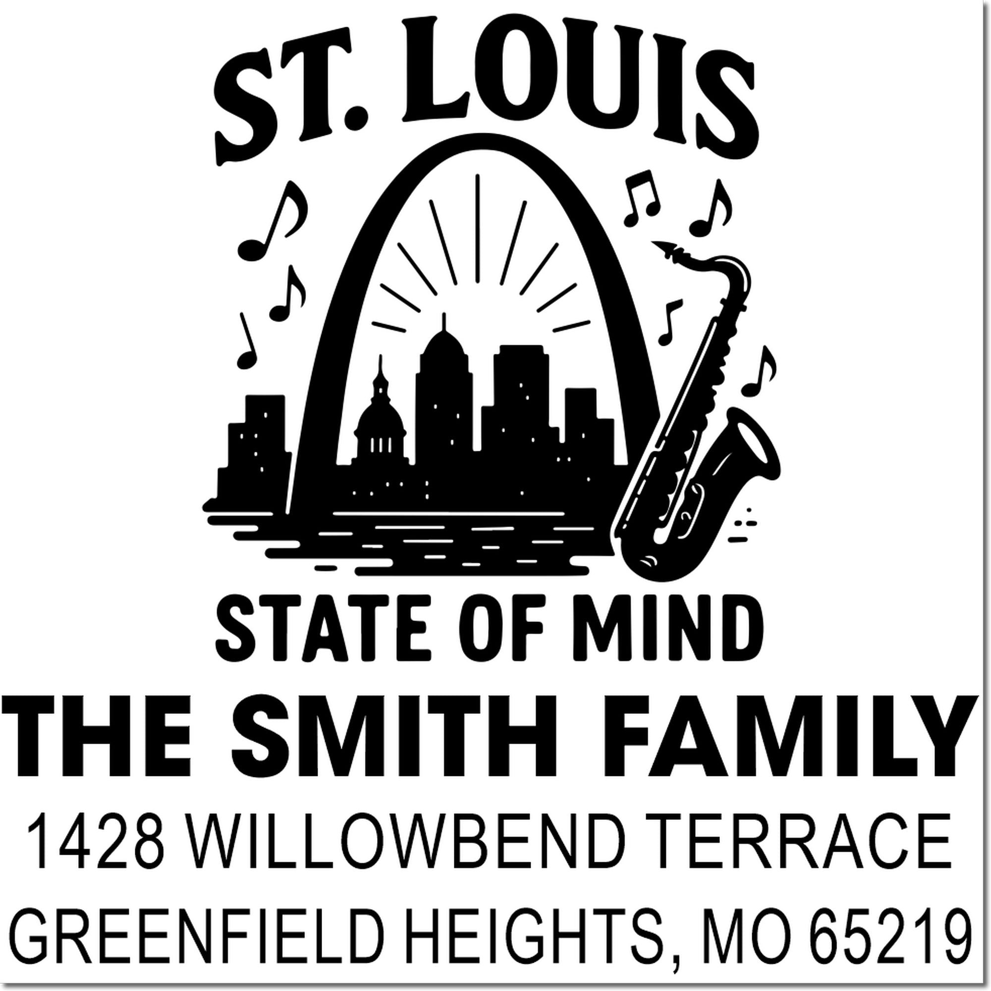 Custom St. Louis family return address rubber stamp with skyline, saxophone, and personalized address for The Smith Family.