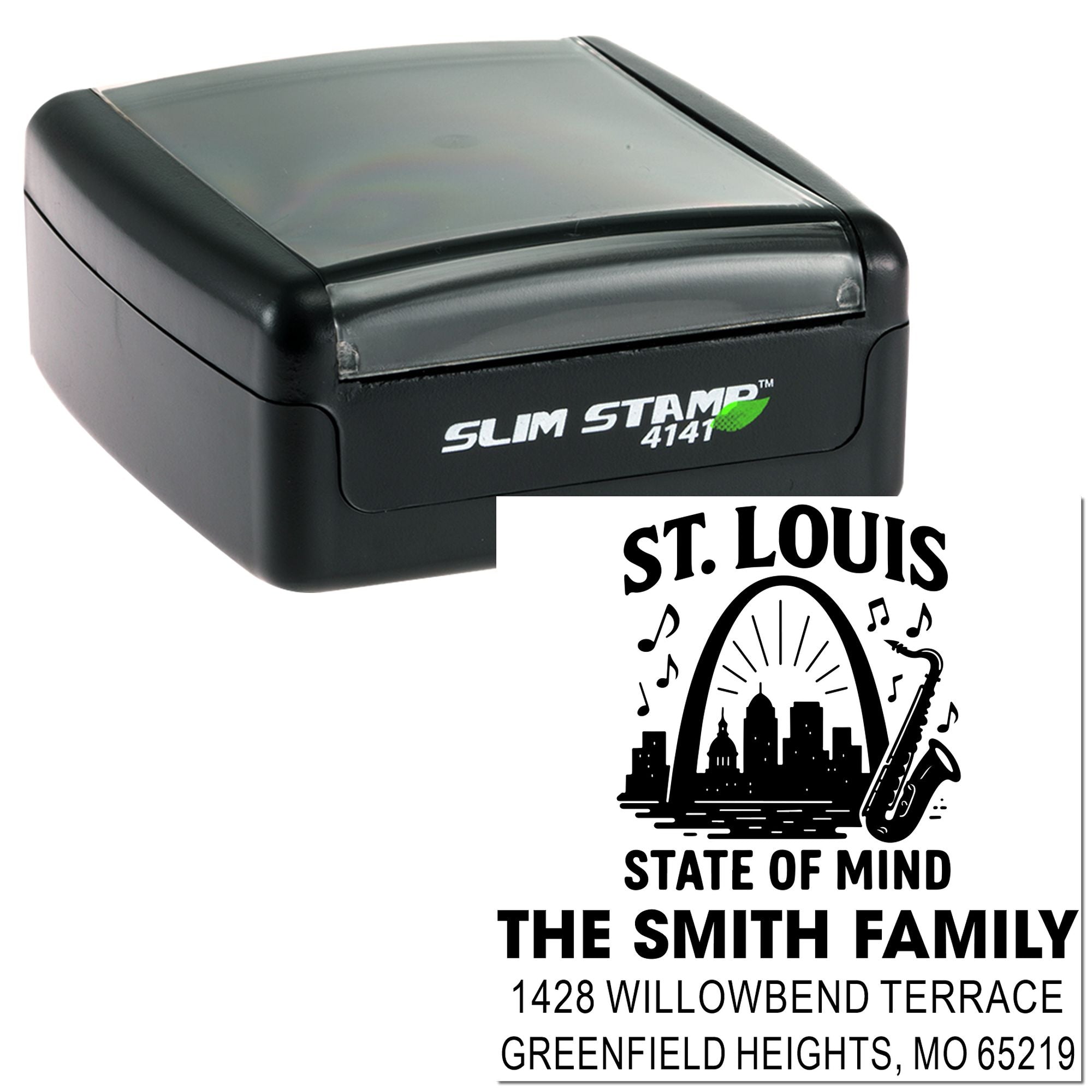 Custom self-inking rubber stamp with St. Louis State of Mind family address design for personalized mailing and branding.