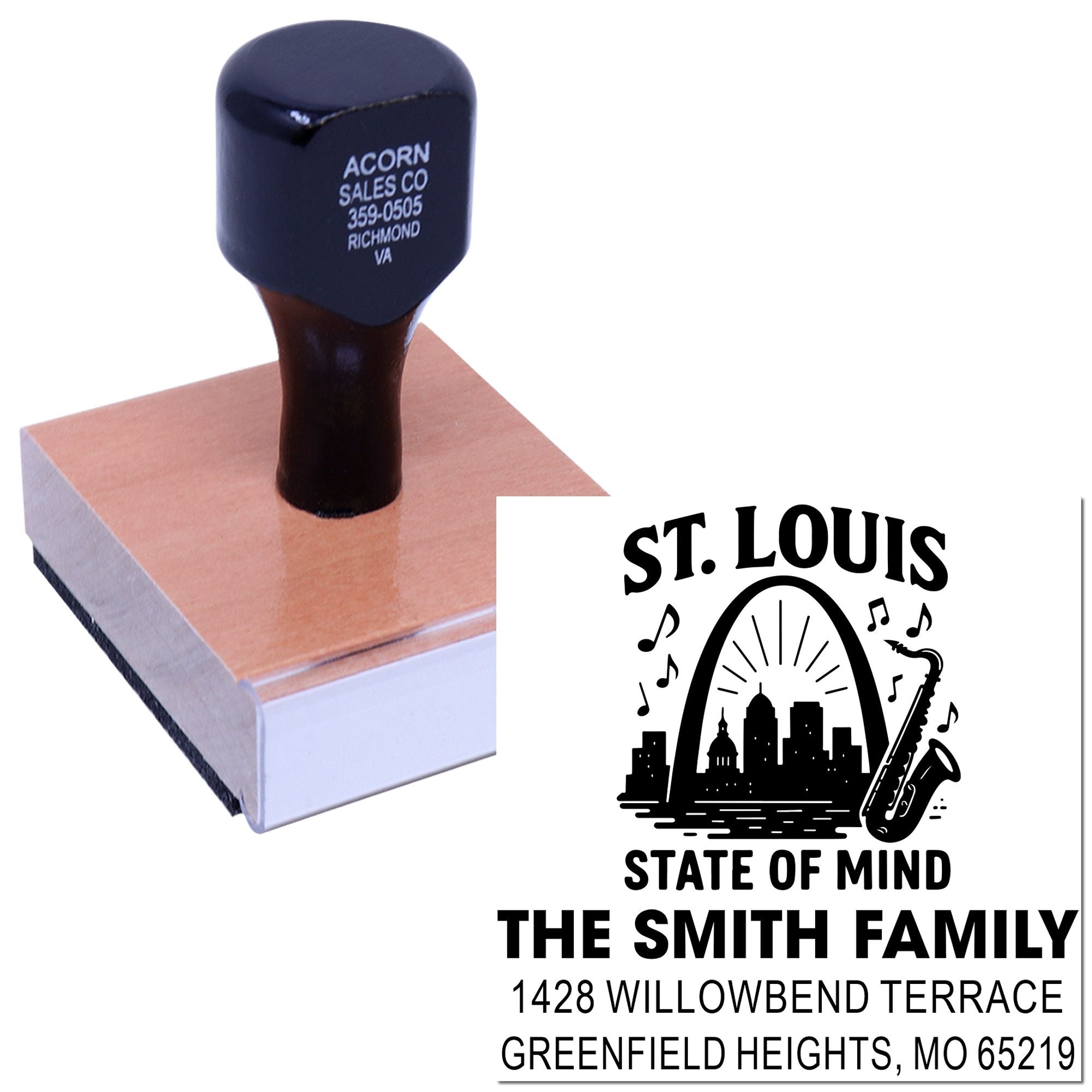 Custom return address rubber stamp with St. Louis family design for mailing, branding, and craft use.