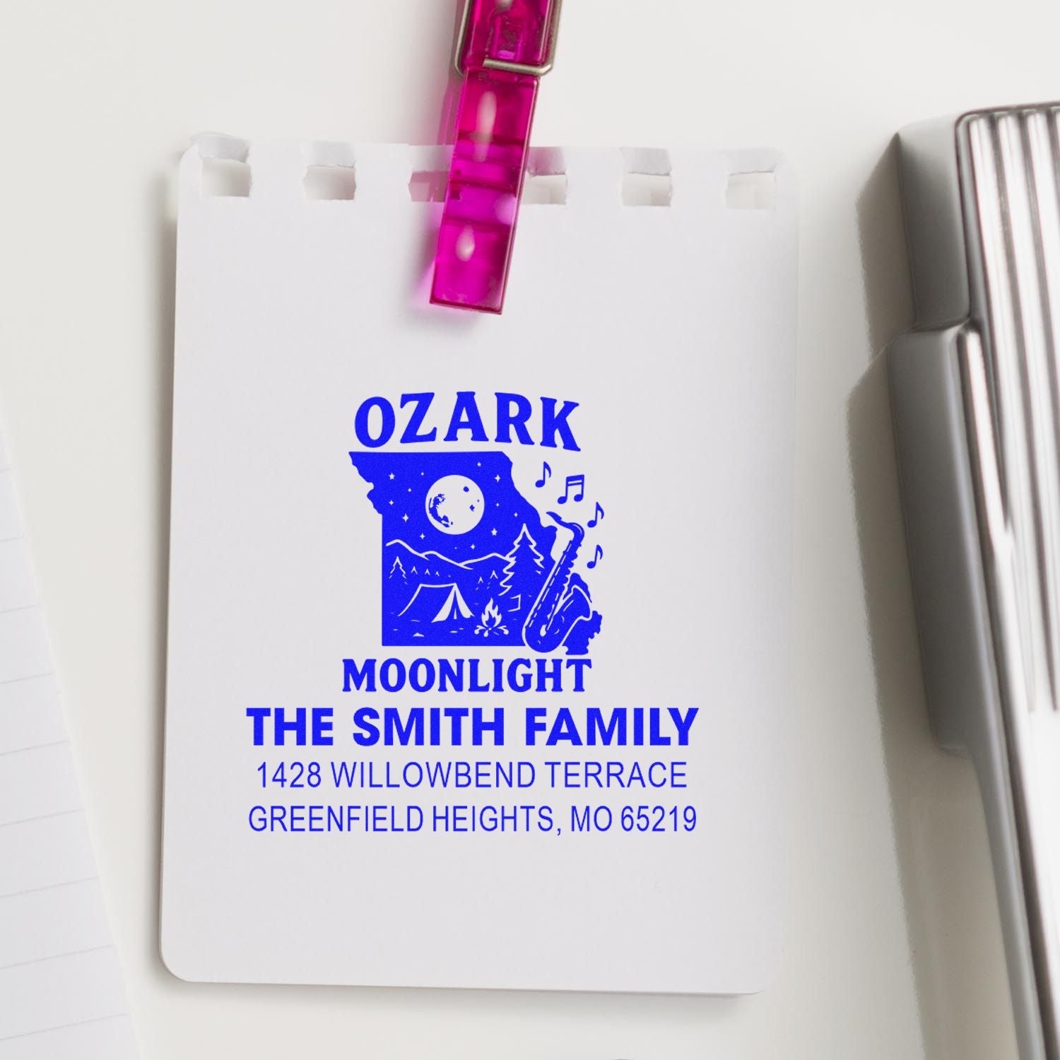 Custom return address rubber stamp for The Smith Family, with Ozark Moonlight design and Greenfield Heights, MO address.