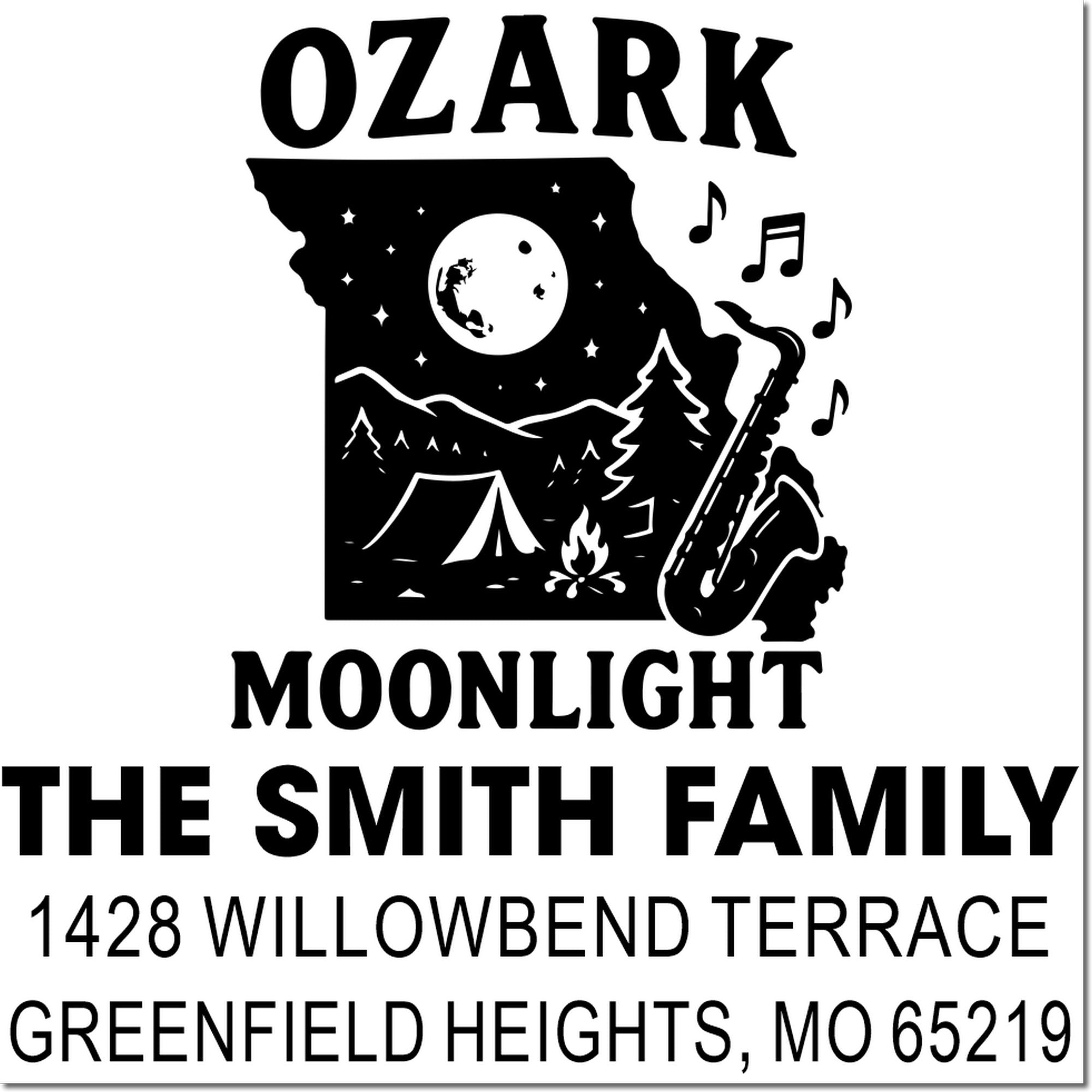 Custom Ozark Moonlight family address rubber stamp with camping and moon design, The Smith Family, Greenfield Heights, MO.