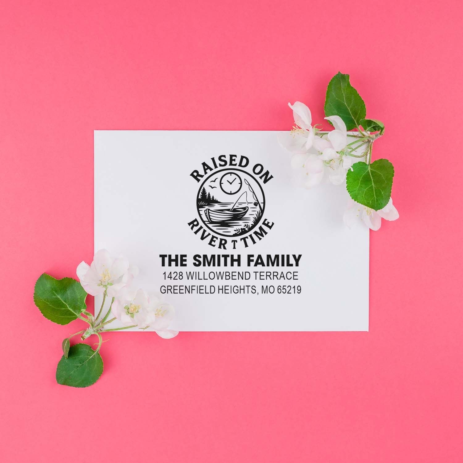 Custom rubber stamp with Raised on River Time and The Smith Family return address for personalized mailing.