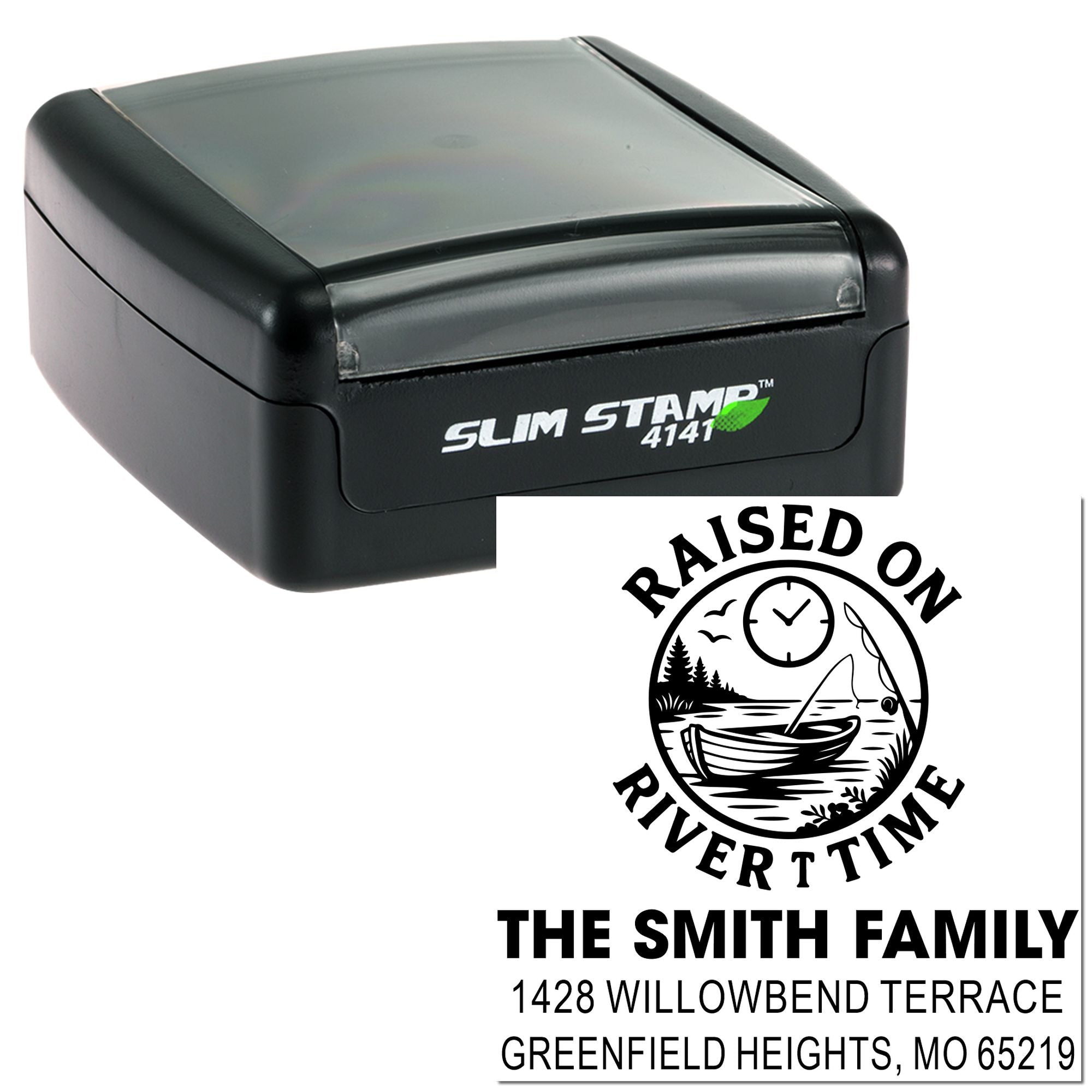 Custom self-inking address rubber stamp with Raised on River Time family design for personalized mail.