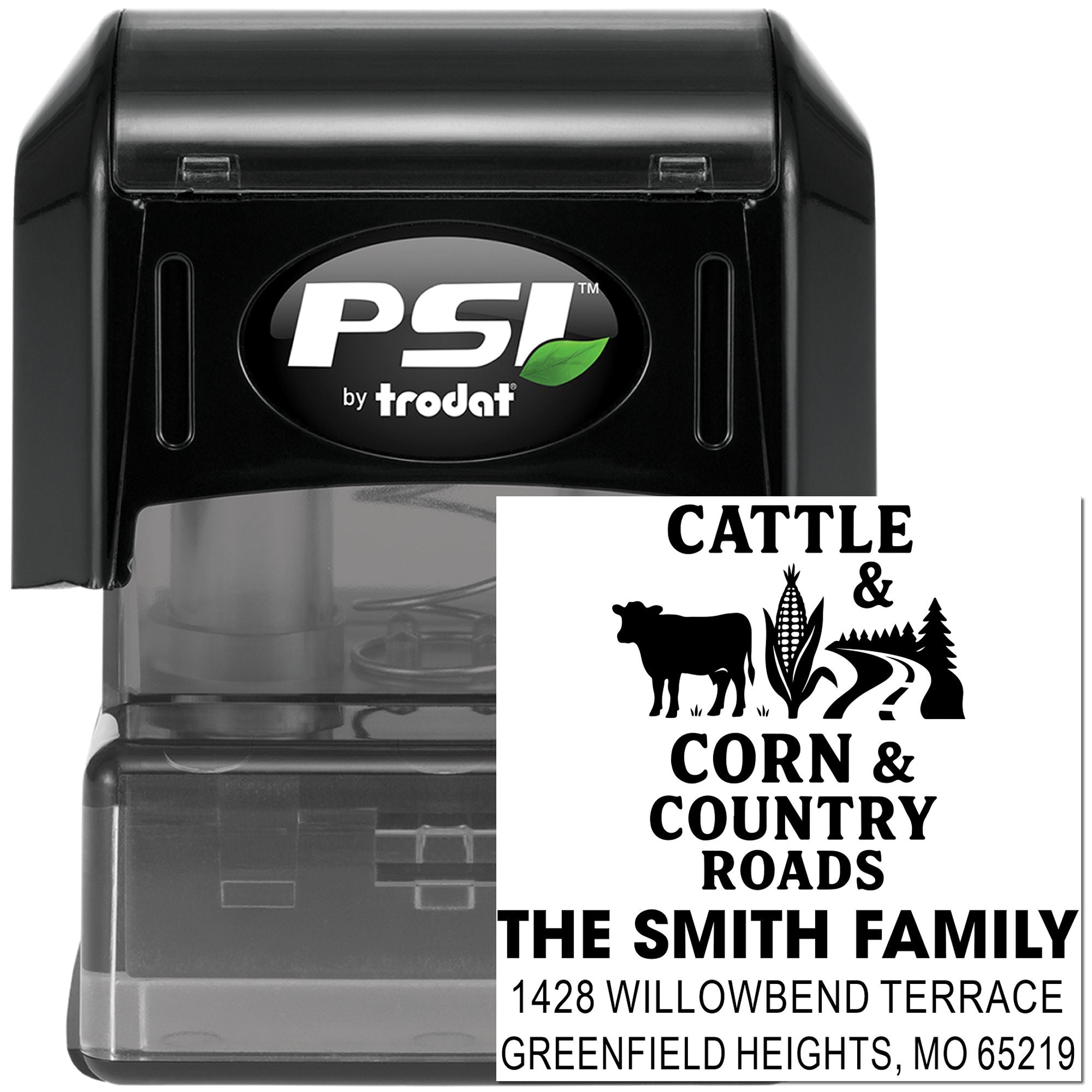 Custom farm address rubber stamp with cattle and corn design, PSI by Trodat self-inking stamp for The Smith Family