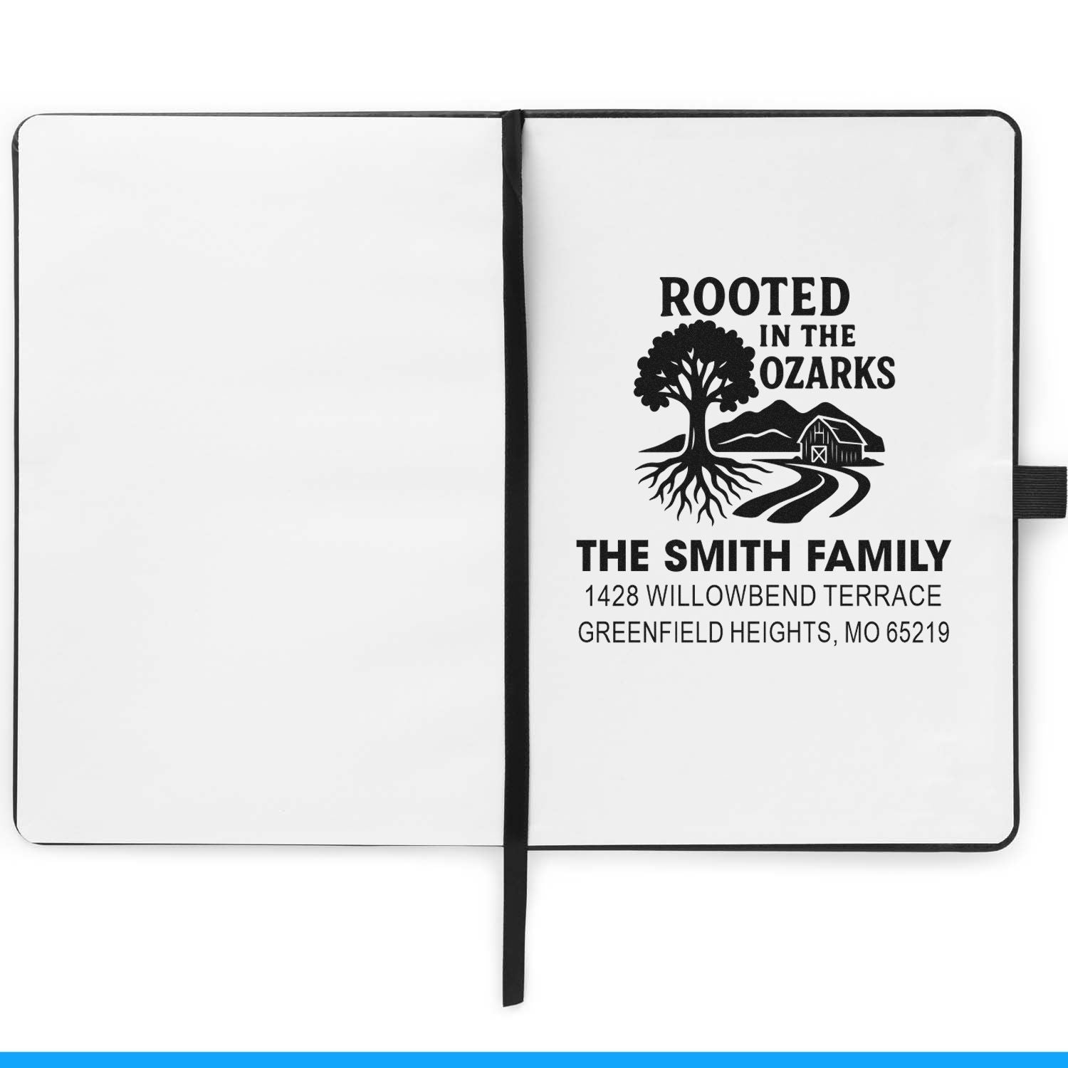 Custom return address rubber stamp with Rooted in the Ozarks tree design for The Smith Family, Greenfield Heights, MO.